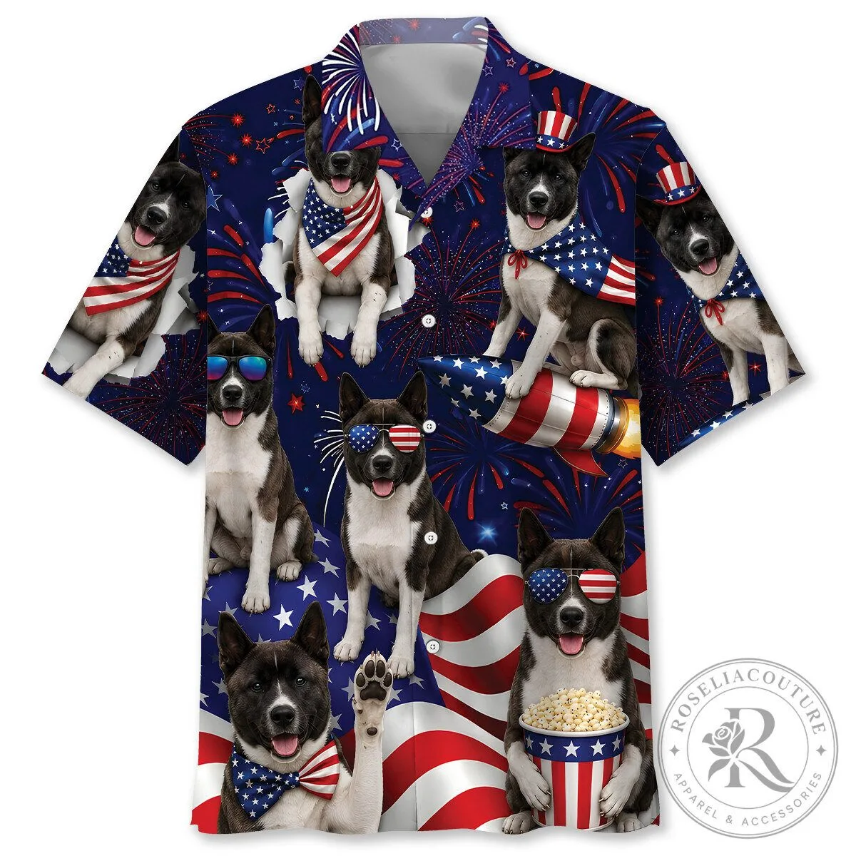 Fourth Of July Akita Dog Patriotic Fireworks Hawaiian Shirt