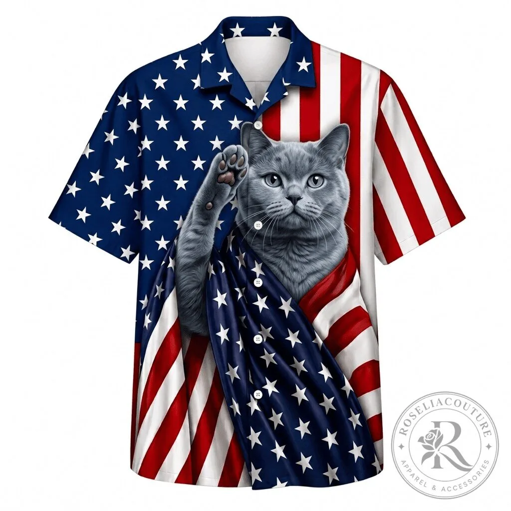 British Shorthair Cat Patriotic American Flag Hawaiian Shirt for Men and Women