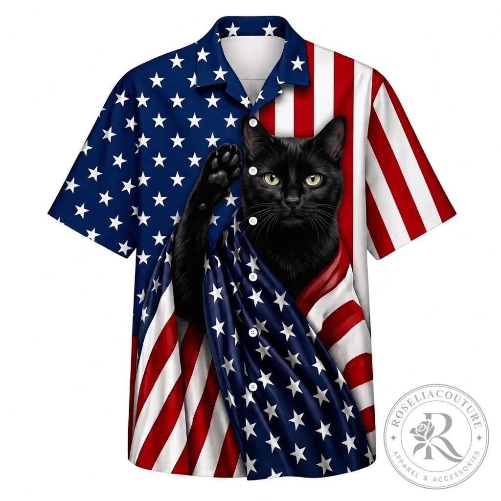 Patriotic Black Cat American Flag Print Button Up Hawaiian Shirt