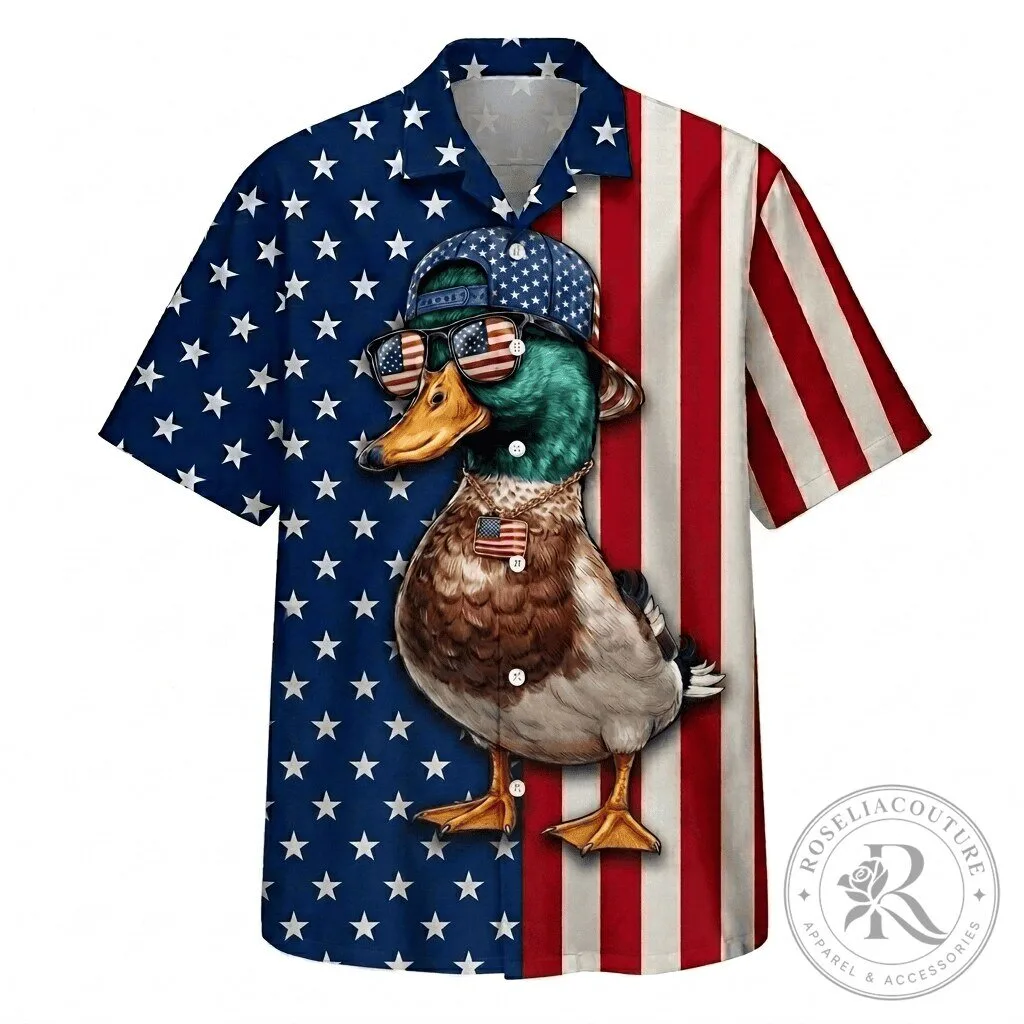 Patriotic Mallard Duck American Flag Stars and Stripes Hawaiian Shirt