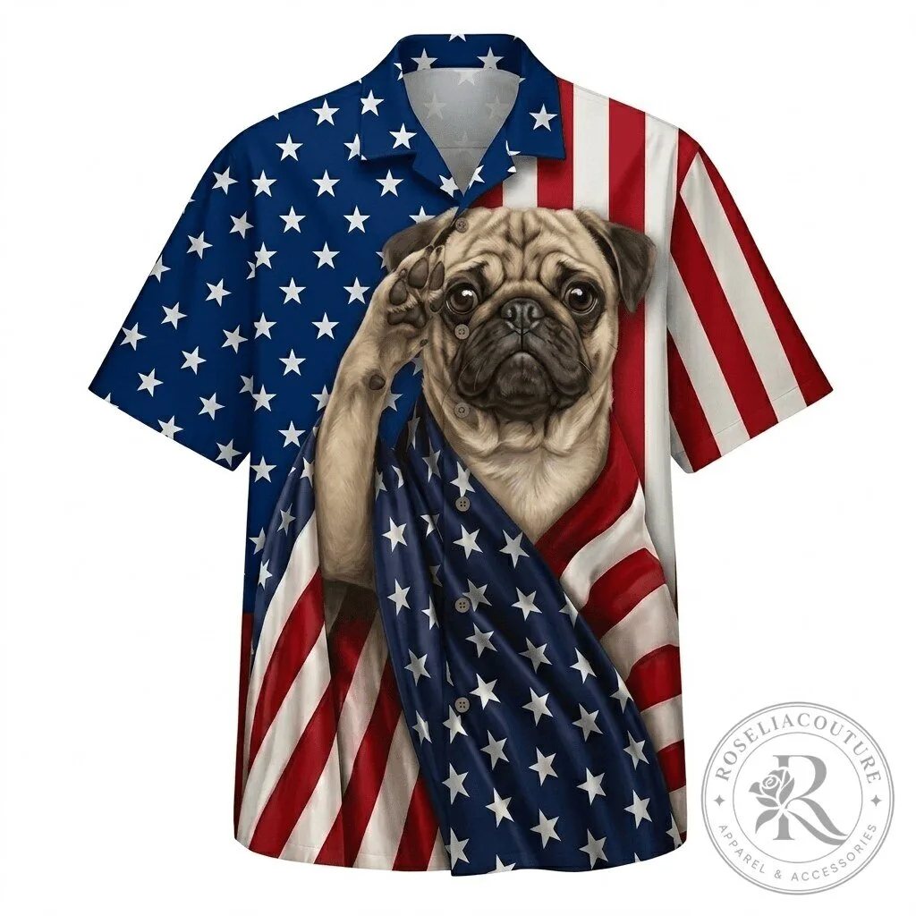 Hawaiian Shirt with Patriotic Pug Dog and American Flag Design