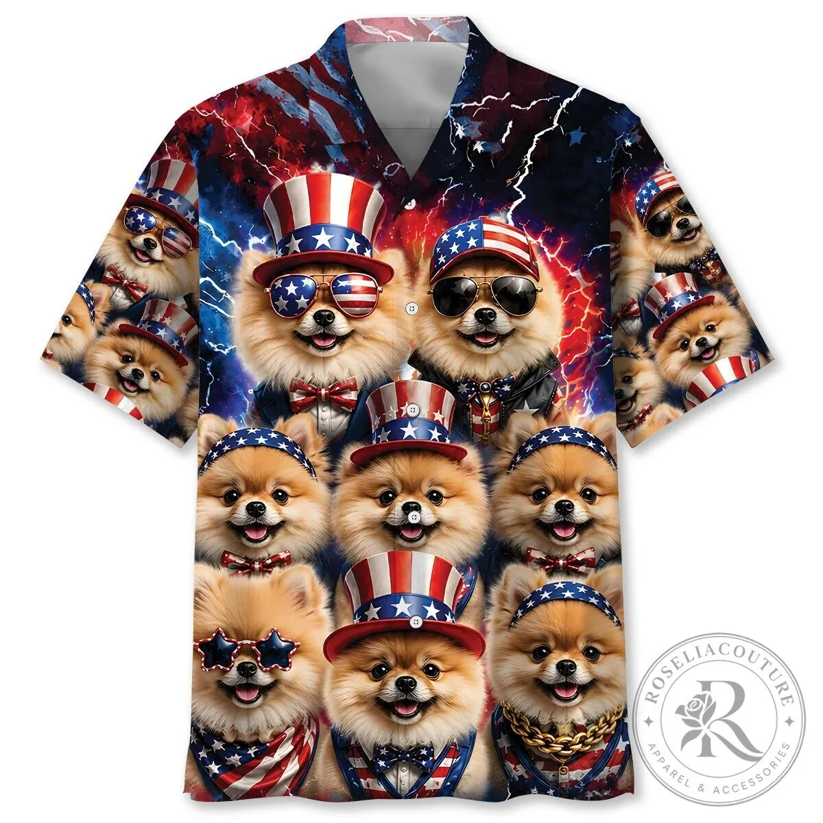 Patriotic Pomeranian Dogs American Flag Fourth of July Hawaiian Shirt