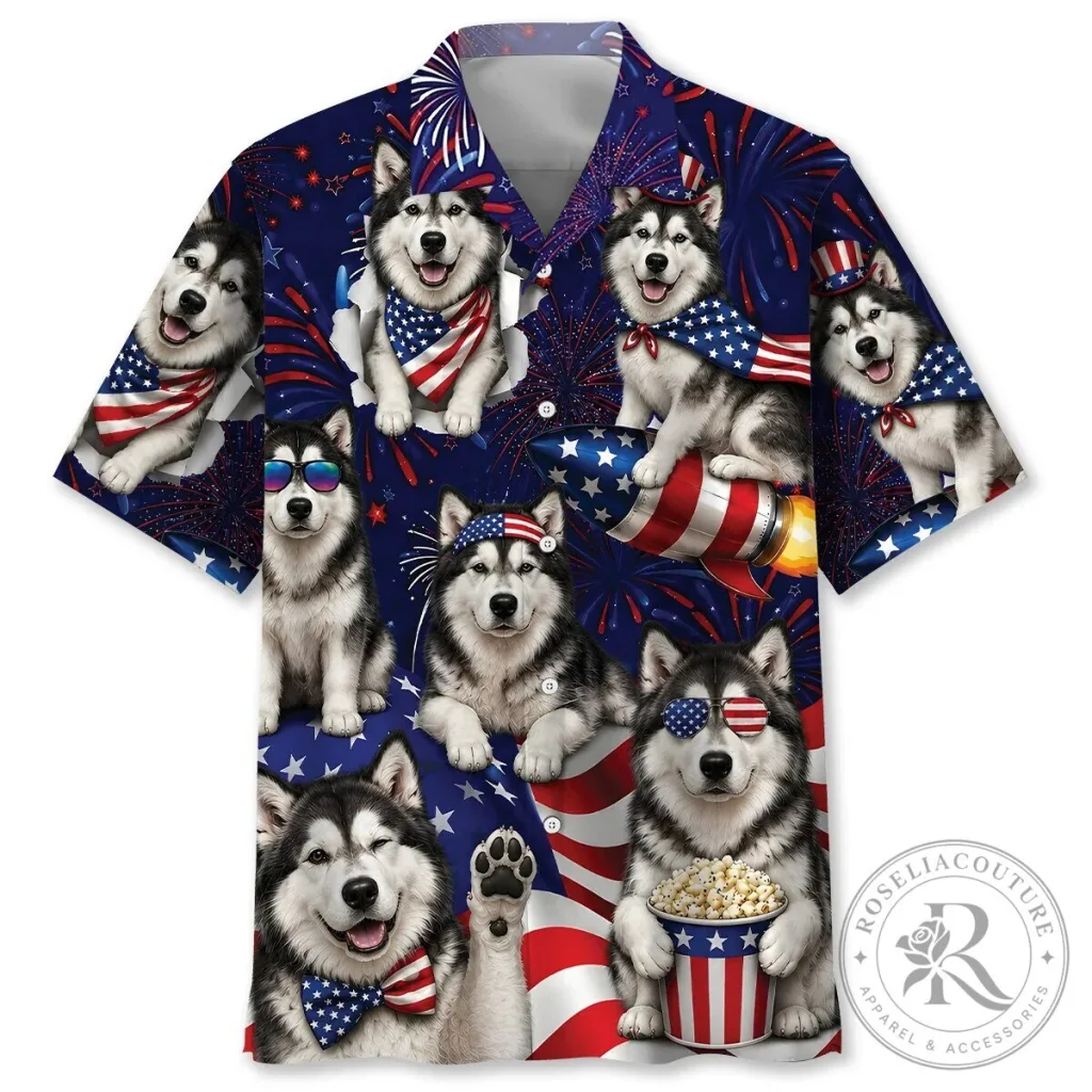 Alaskan Malamute Fourth of July Fireworks Patriotic Hawaiian Shirt