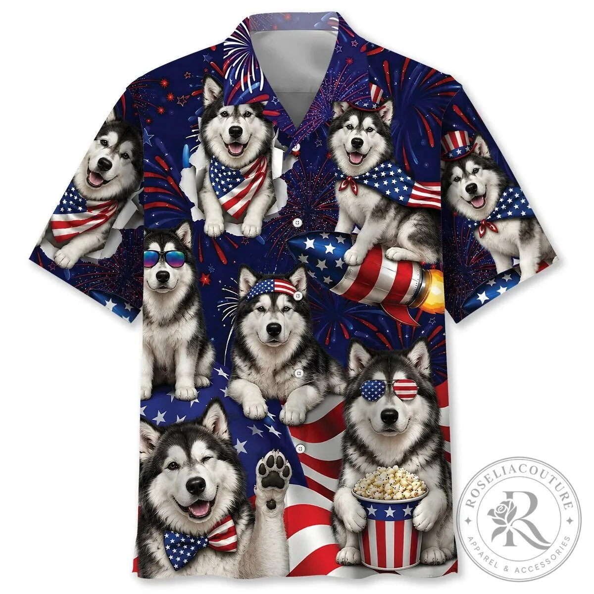 Alaskan Malamute Fourth of July Fireworks Patriotic Hawaiian Shirt