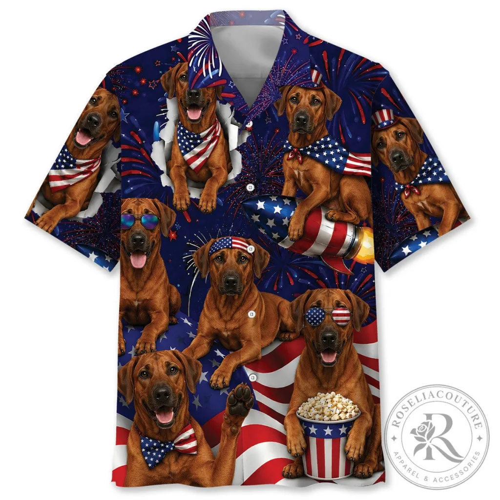 Fourth of July Rhodesian Ridgeback Dog American Flag Hawaiian Shirt Fourth of July Rhodesian Ridgeback Dog American Flag Hawaiian Shirt