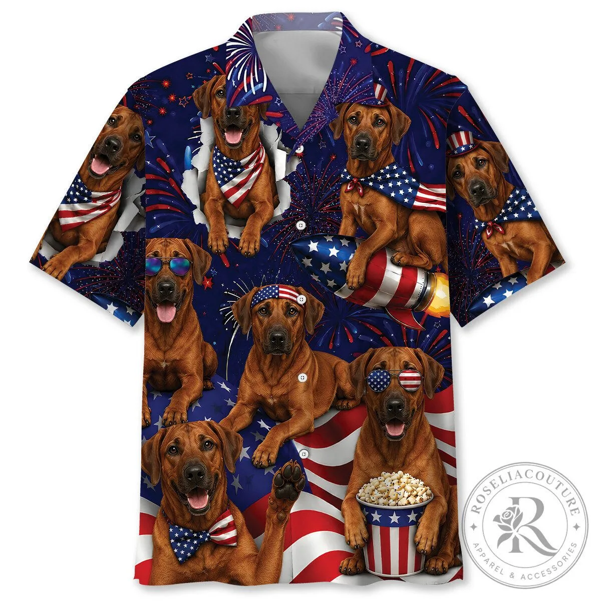 Fourth of July Rhodesian Ridgeback Dog American Flag Hawaiian Shirt