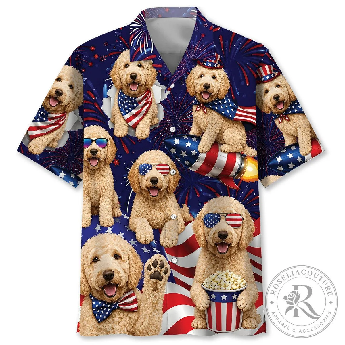 Fourth of July Goldendoodle American Flag Fireworks Hawaiian Shirt