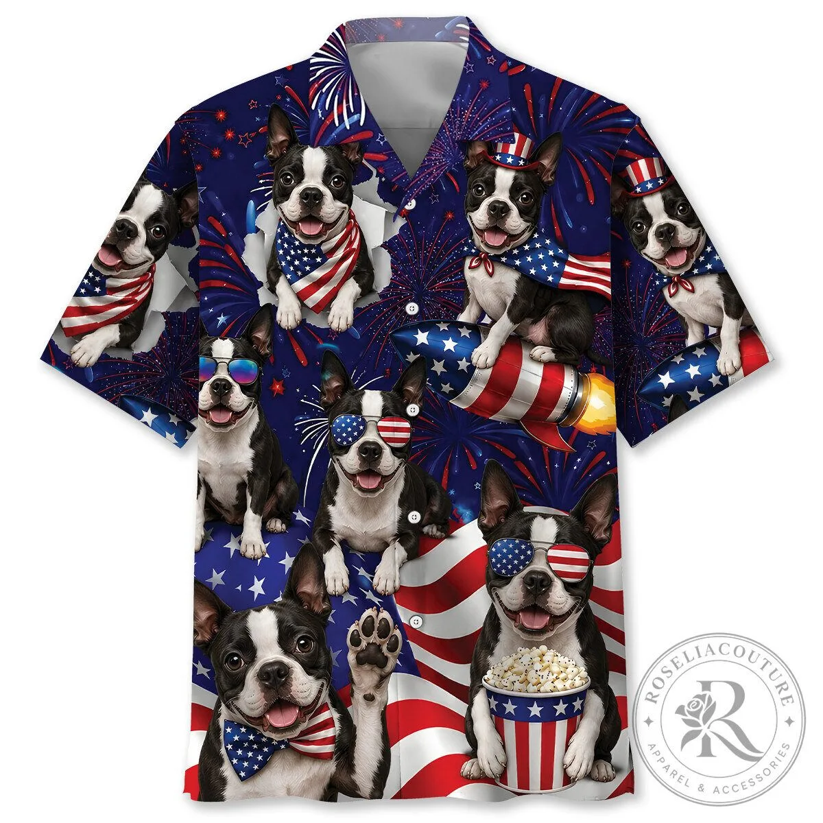Boston Terrier Fourth of July Fireworks Patriotic Hawaiian Shirt