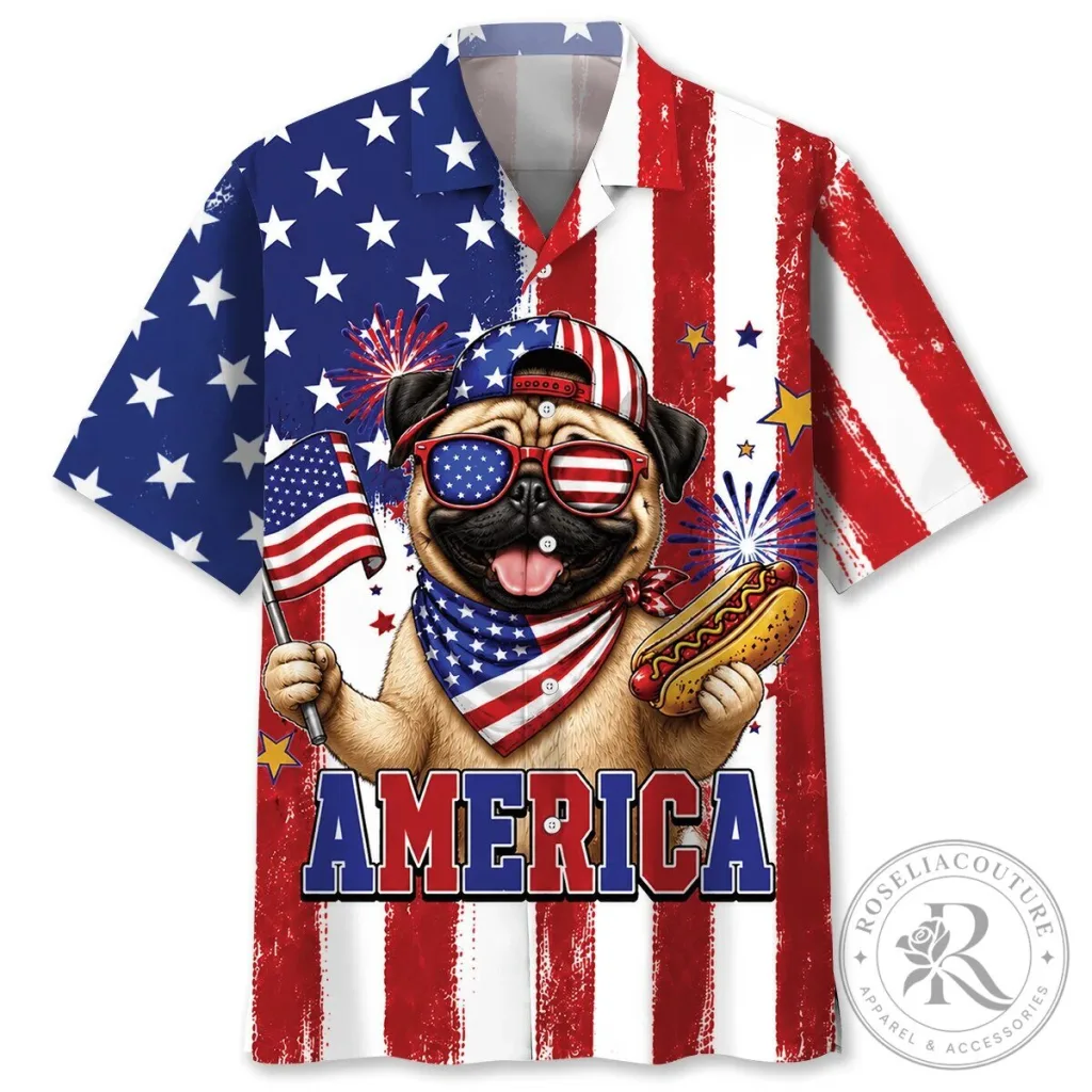 Hawaiian Shirt with American Flag Design for Patriotic Pugs on Fourth of July