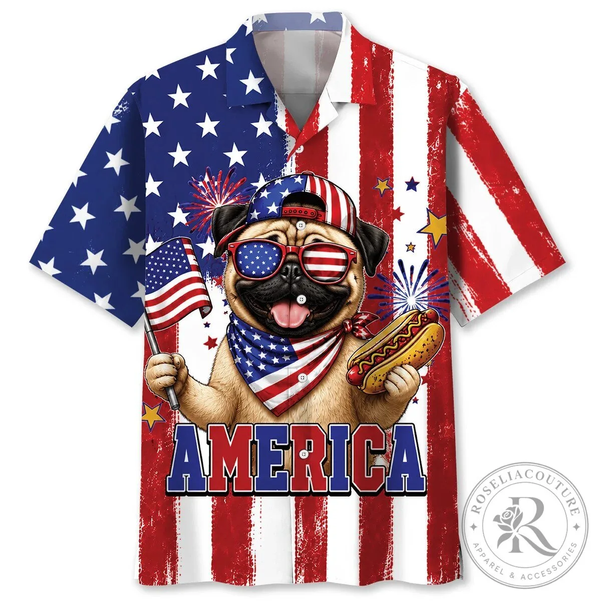 Hawaiian Shirt with American Flag Design for Patriotic Pugs on Fourth of July