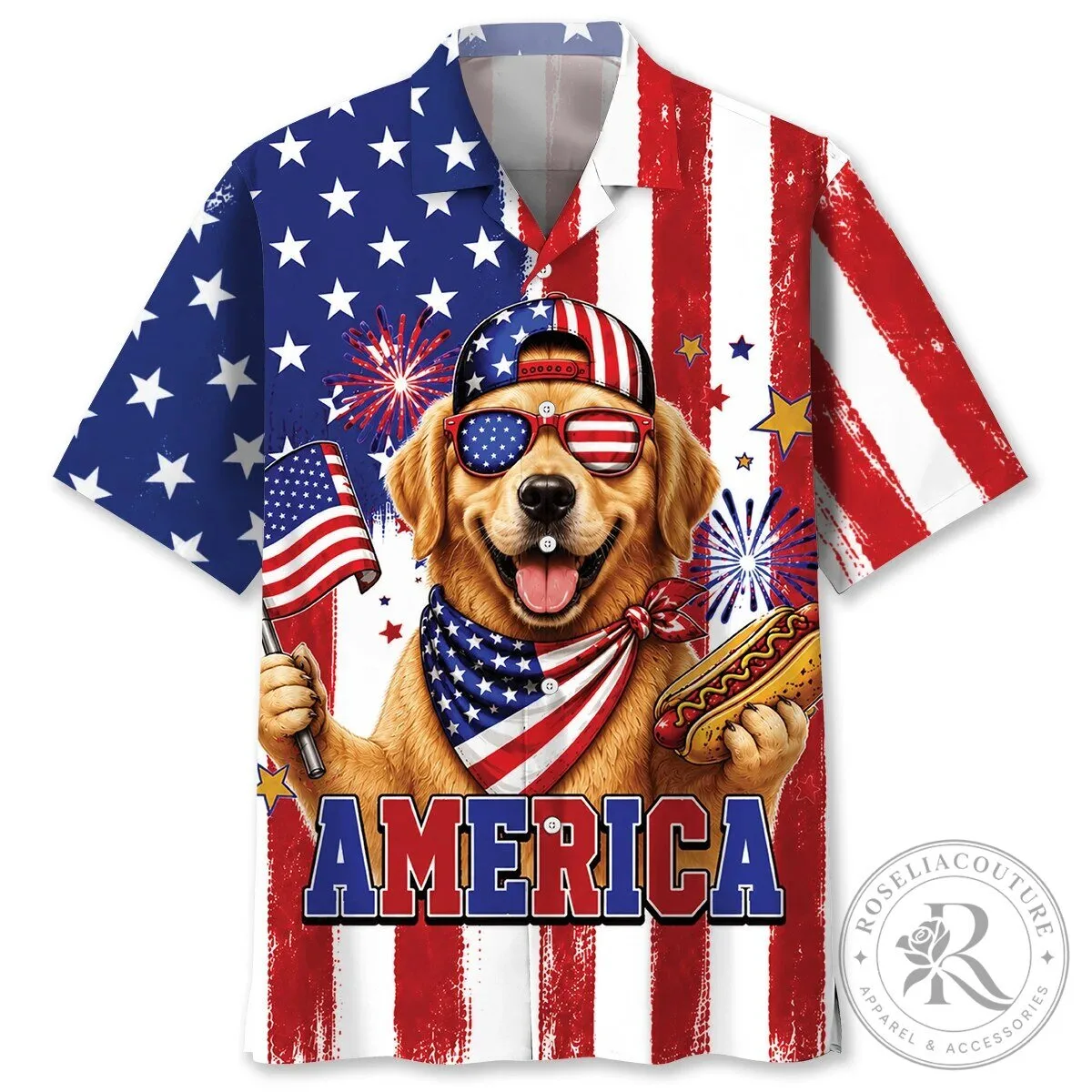 Funny Golden Retriever Fourth of July American Flag Patriotic Hawaiian Shirt