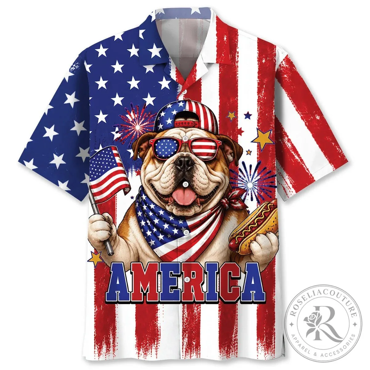 Patriotic Bulldog Fourth of July American Flag Hawaiian Shirt