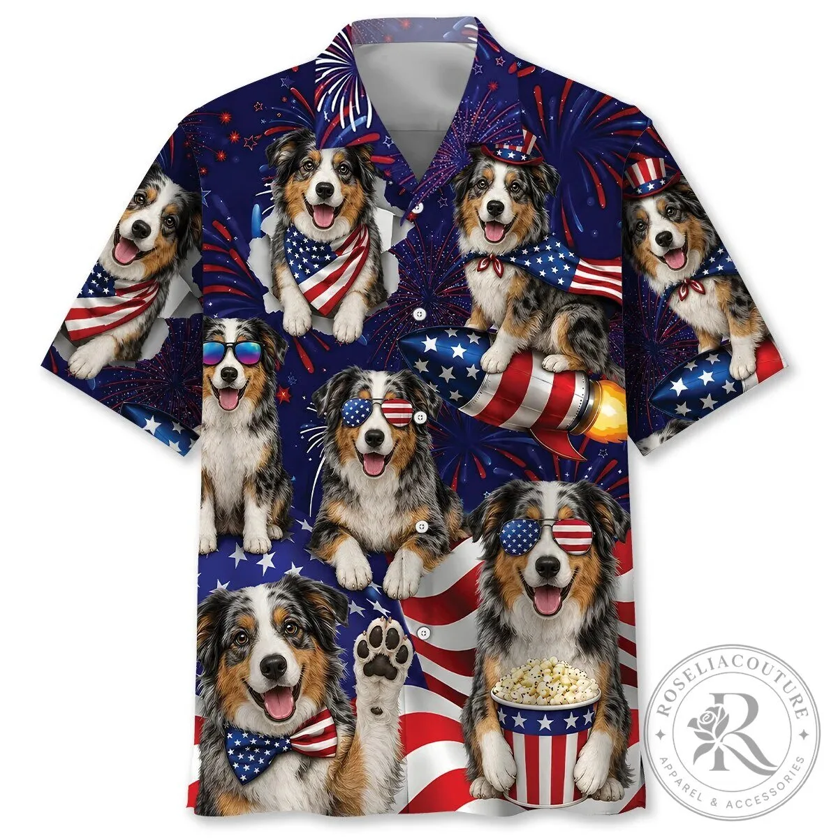 Patriotic Australian Shepherd Fourth of July Hawaiian Shirt