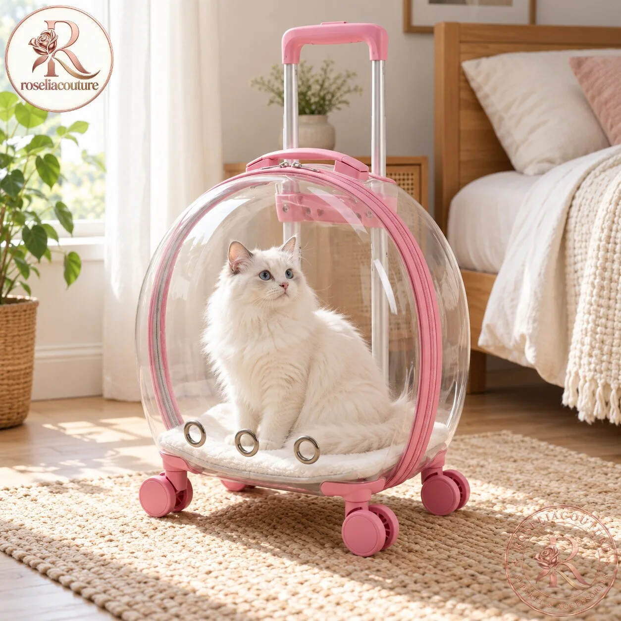 Pink Transparent Bubble Pet Carrier with Wheels 5 Pink Transparent Bubble Pet Carrier with Wheels