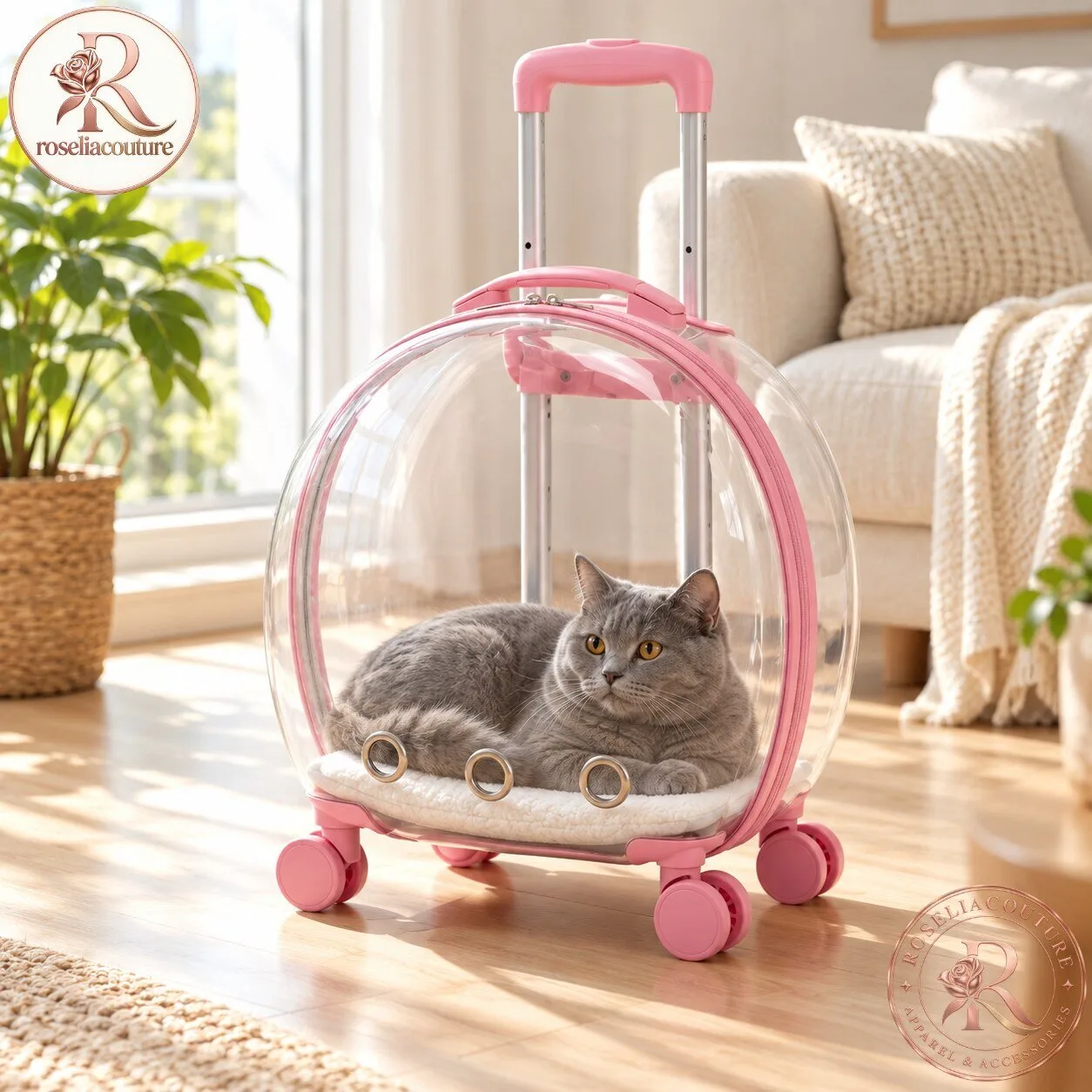 Pink Transparent Bubble Pet Carrier with Wheels 6 Pink Transparent Bubble Pet Carrier with Wheels