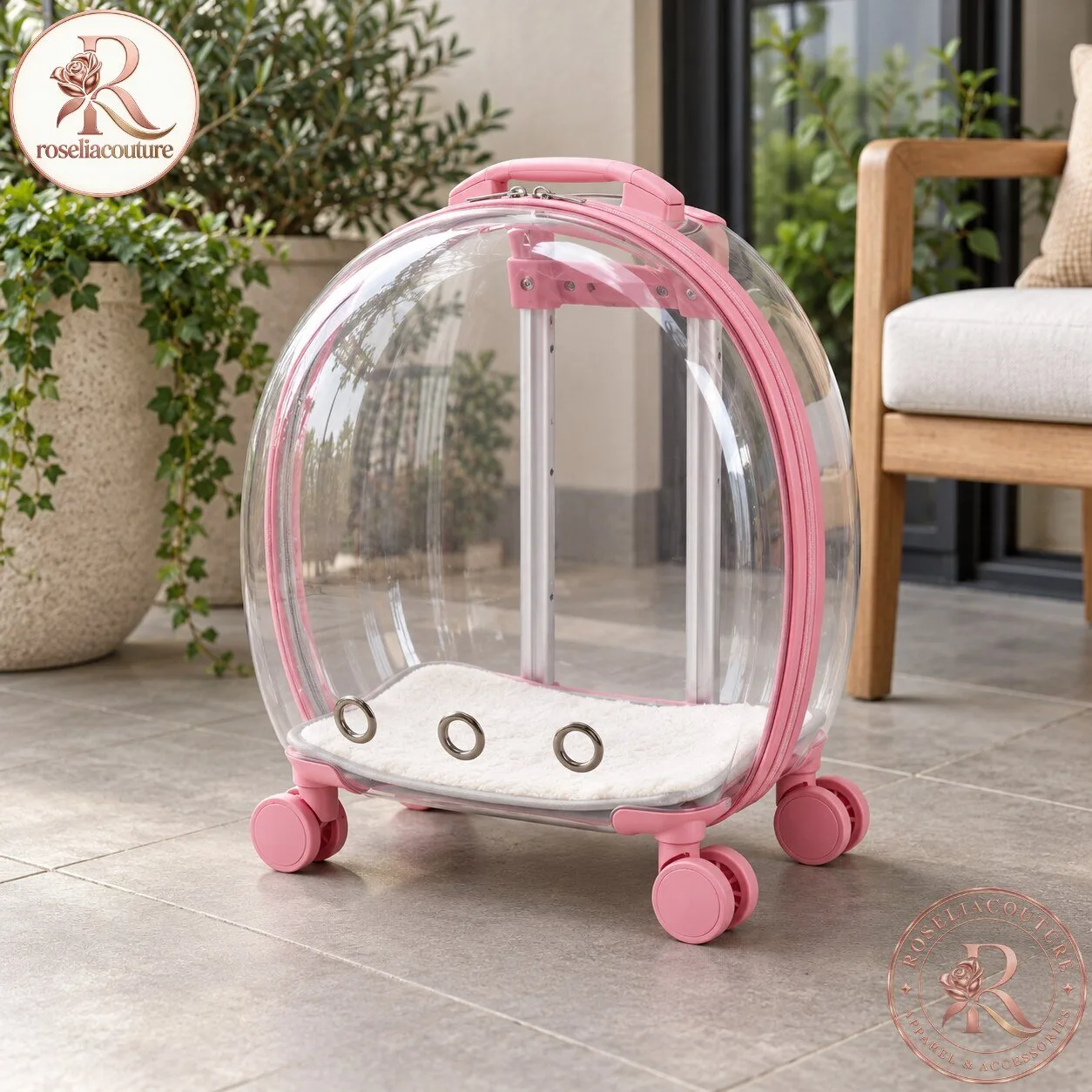 Pink Transparent Bubble Pet Carrier with Wheels 7 Pink Transparent Bubble Pet Carrier with Wheels