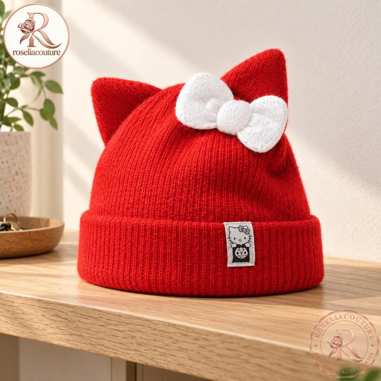 Red Hello Kitty Cat Ear Knit Beanie with White Bow