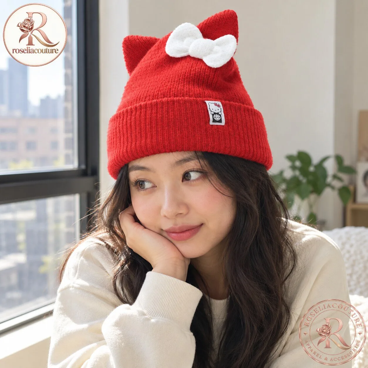 Red Hello Kitty Cat Ear Knit Beanie with White Bow 5 Red Hello Kitty Cat Ear Knit Beanie with White Bow