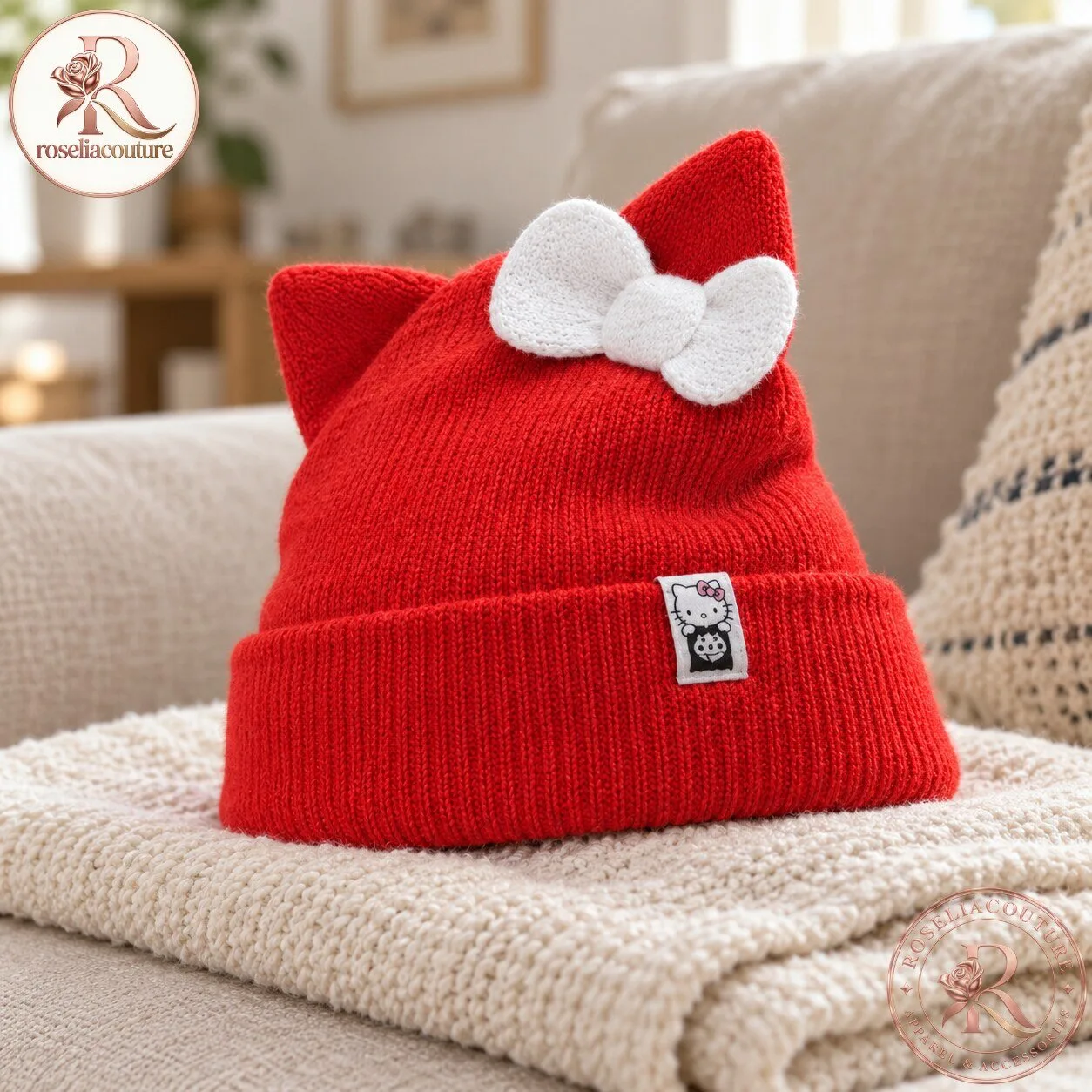 Red Hello Kitty Cat Ear Knit Beanie with White Bow 6 Red Hello Kitty Cat Ear Knit Beanie with White Bow