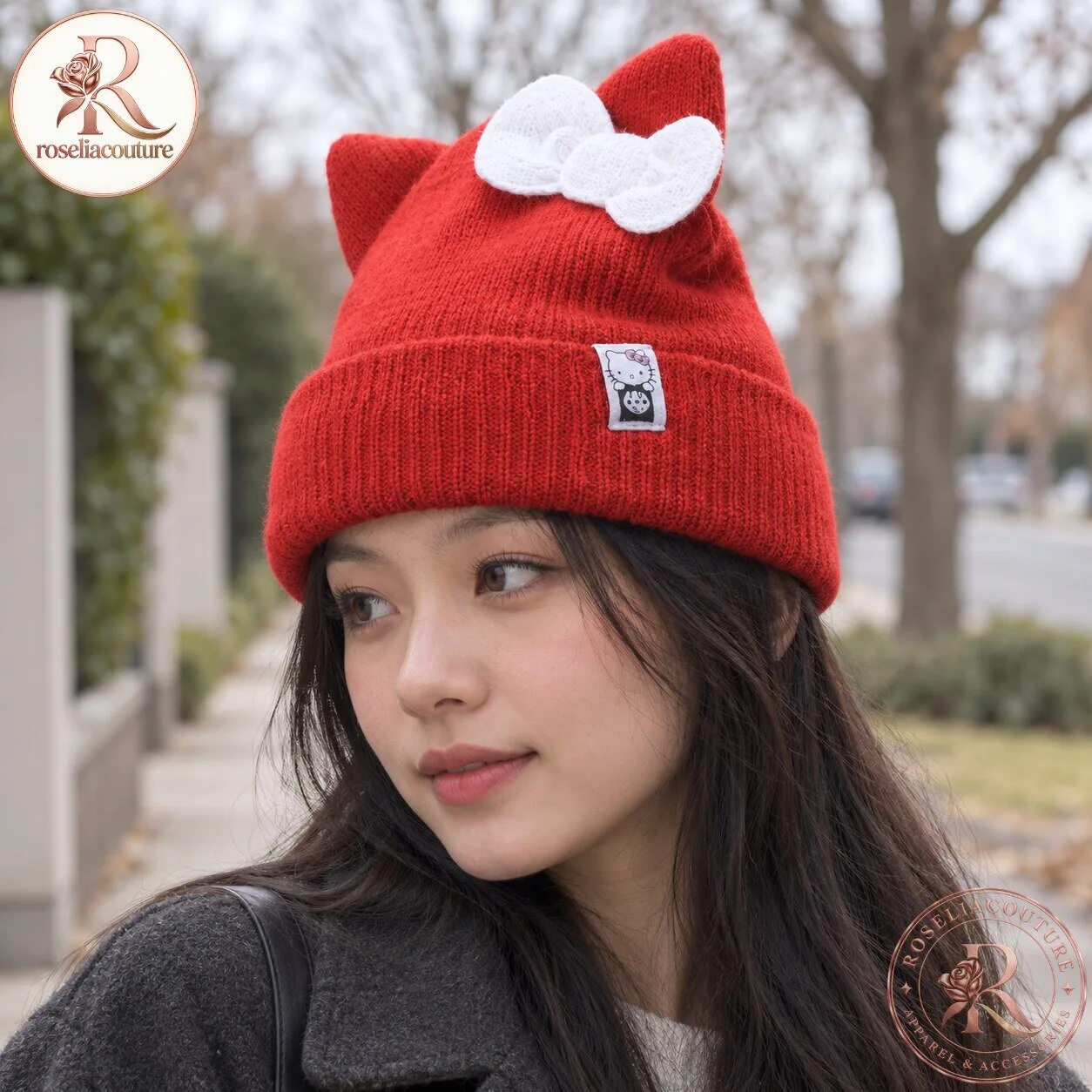 Red Hello Kitty Cat Ear Knit Beanie with White Bow 7 Red Hello Kitty Cat Ear Knit Beanie with White Bow