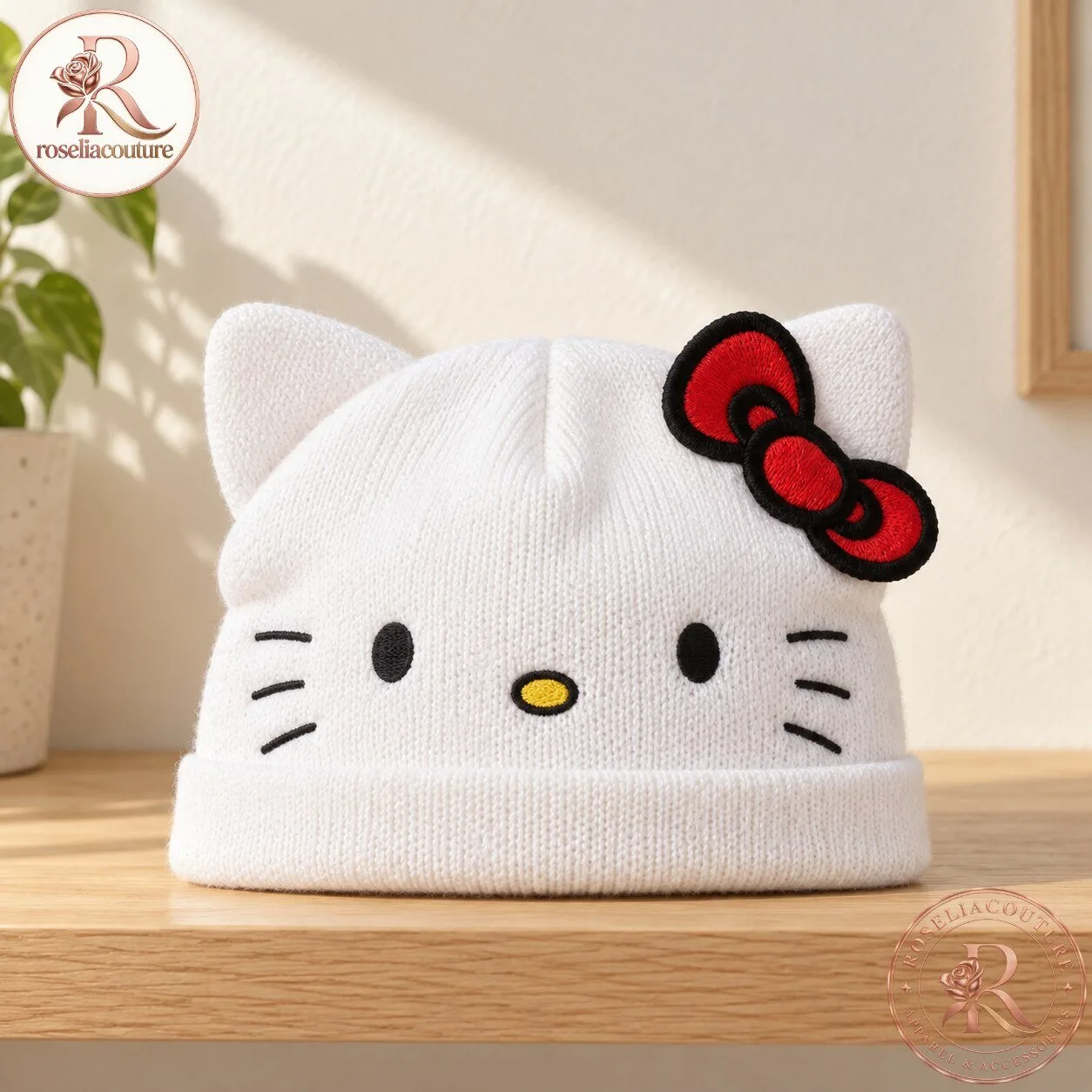 White Hello Kitty Face Knit Beanie with Red Bow