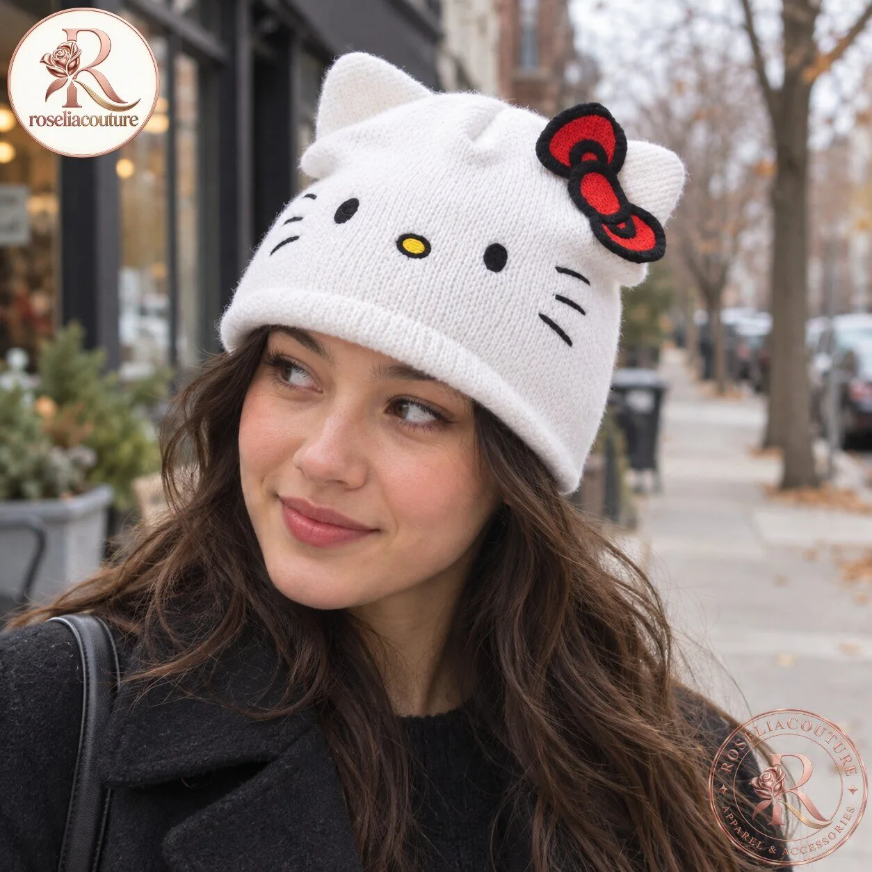 White Hello Kitty Face Knit Beanie with Red Bow 5 White Hello Kitty Face Knit Beanie with Red Bow