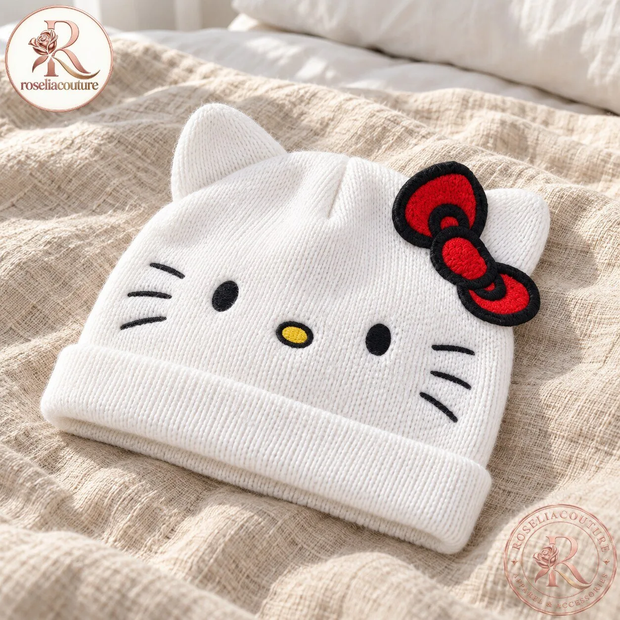 White Hello Kitty Face Knit Beanie with Red Bow 6 White Hello Kitty Face Knit Beanie with Red Bow
