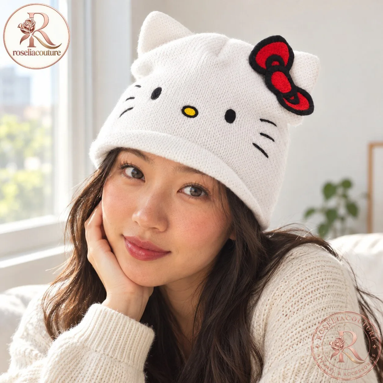White Hello Kitty Face Knit Beanie with Red Bow 7 White Hello Kitty Face Knit Beanie with Red Bow