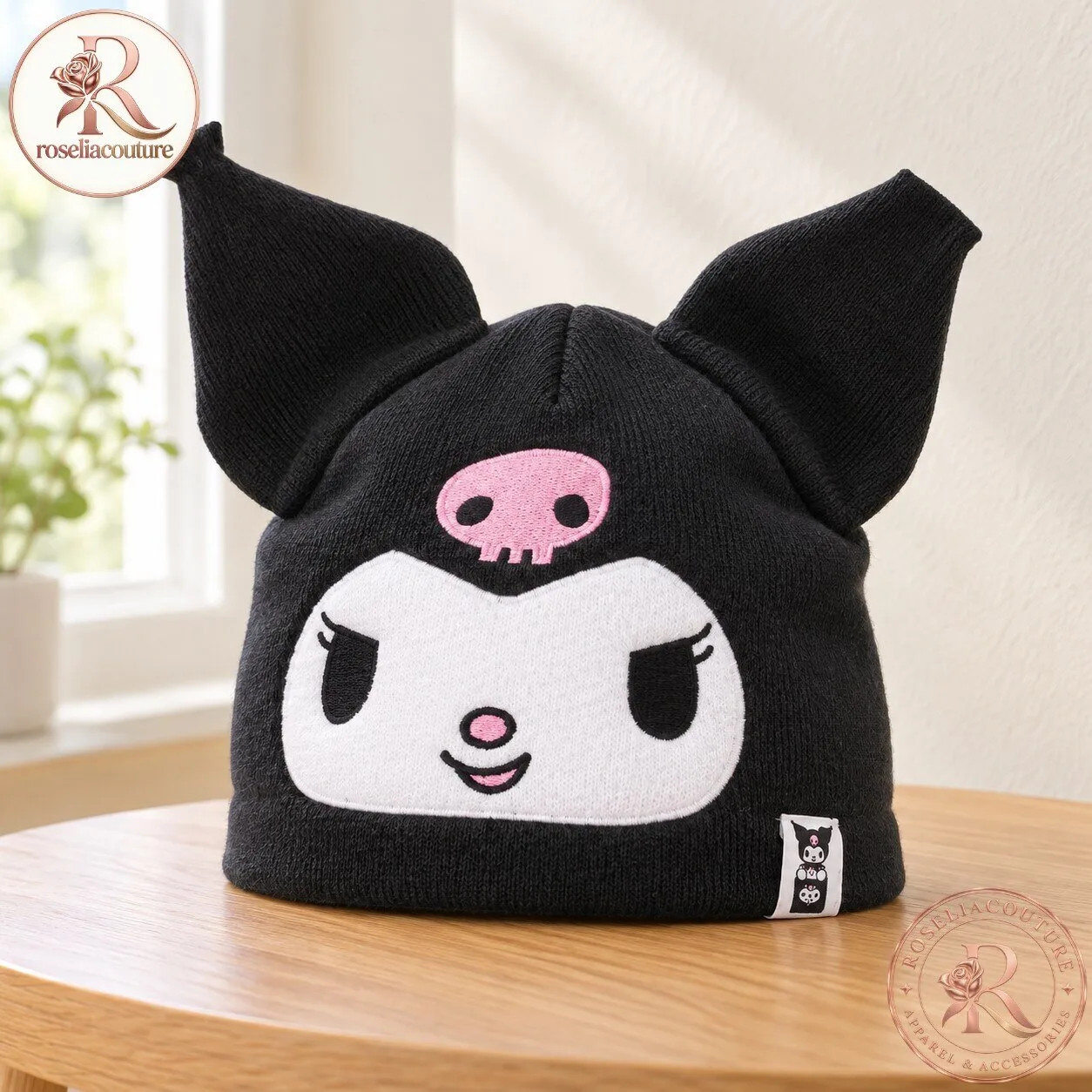 Black Kuromi Knit Beanie with Ears and Pink Skull