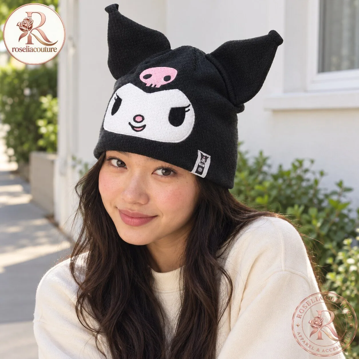 Black Kuromi Knit Beanie with Ears and Pink Skull 5 Black Kuromi Knit Beanie with Ears and Pink Skull