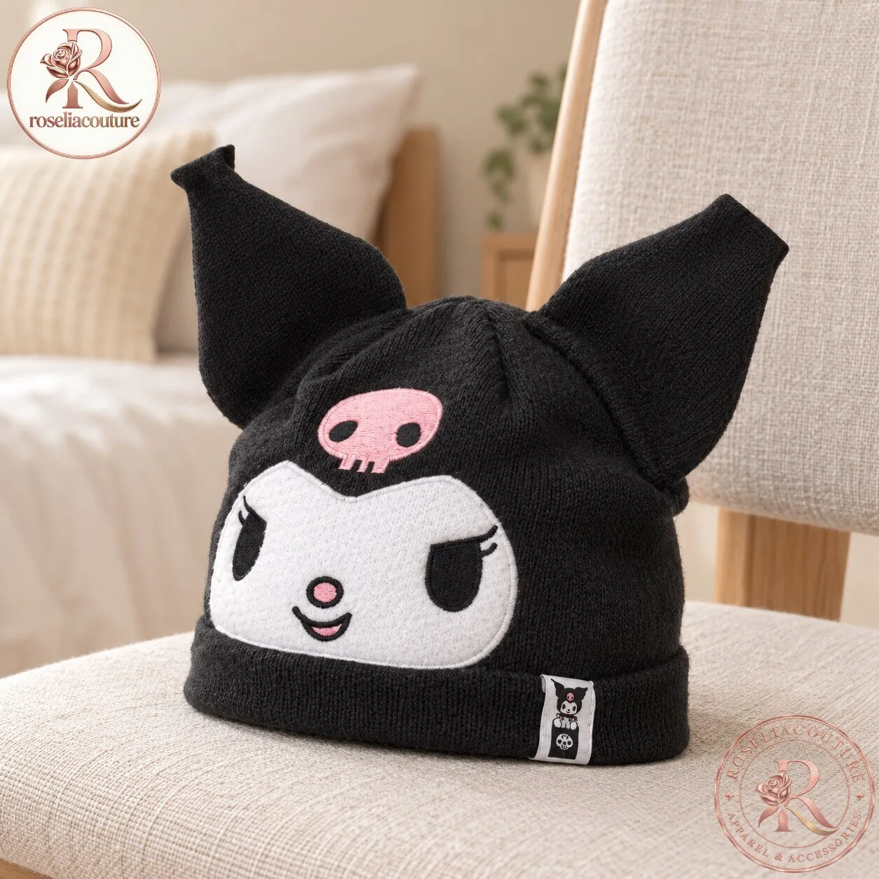 Black Kuromi Knit Beanie with Ears and Pink Skull 6 Black Kuromi Knit Beanie with Ears and Pink Skull