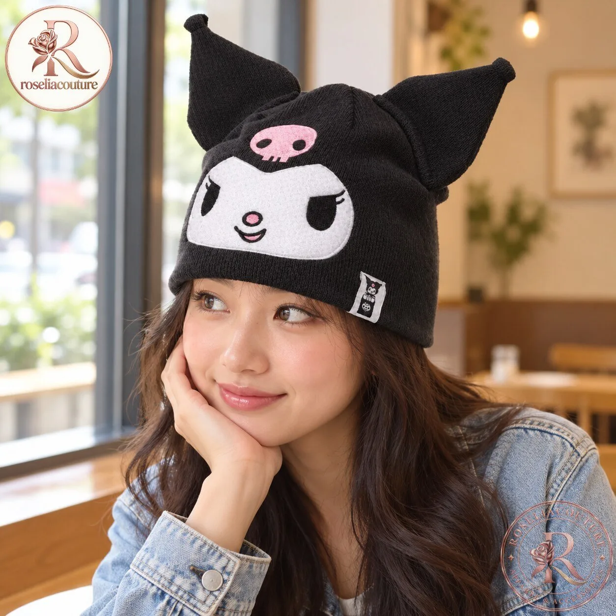 Black Kuromi Knit Beanie with Ears and Pink Skull 7 Black Kuromi Knit Beanie with Ears and Pink Skull