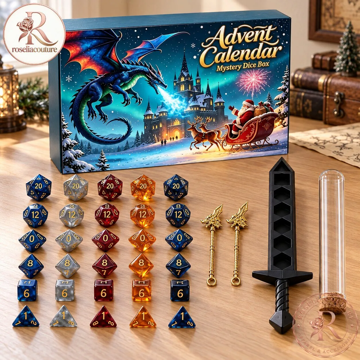 D20 Advent Dice Calendar Blue Fire Dragon Christmas Countdown