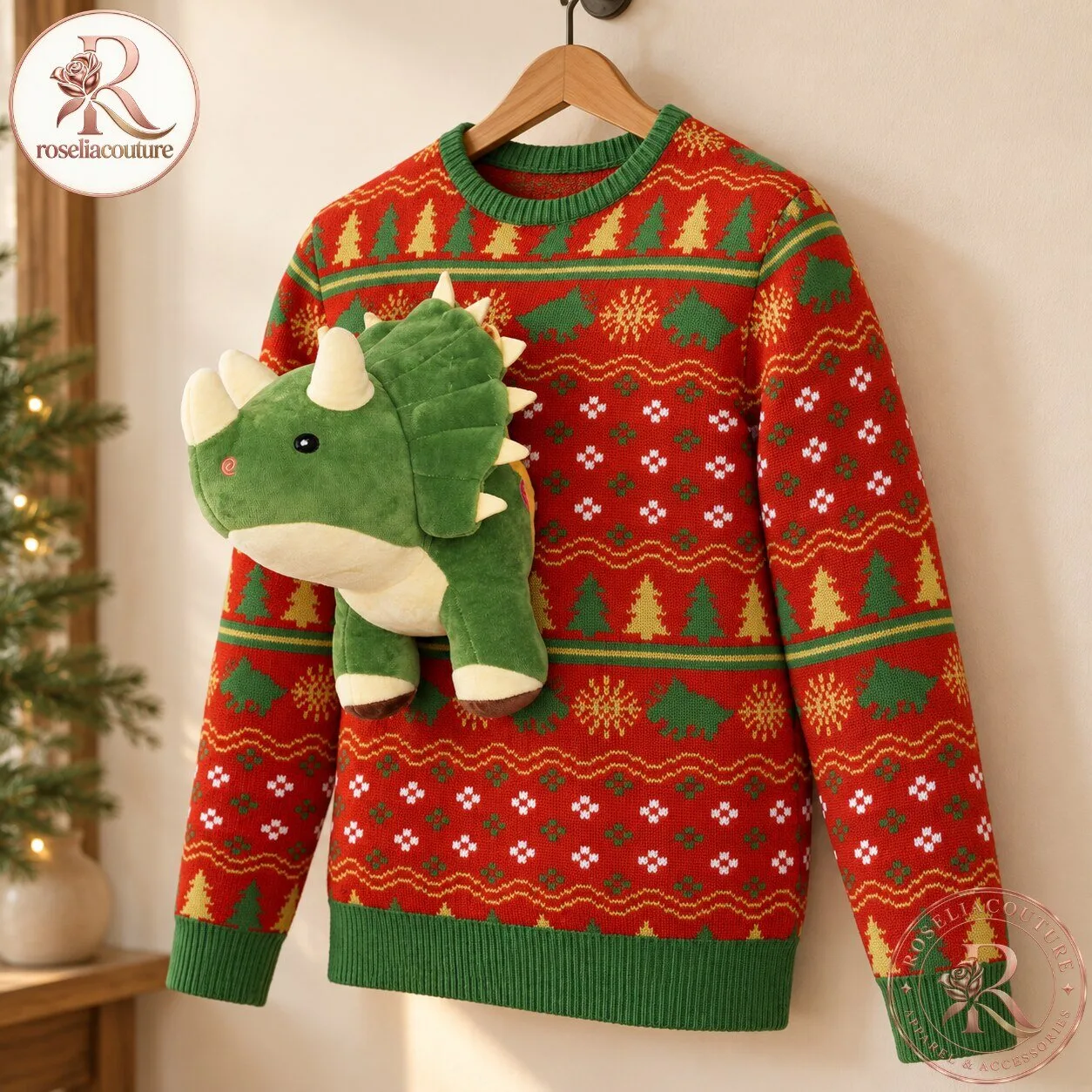 Triceratops Ugly Christmas Sweater with 3D Plush Dinosaur