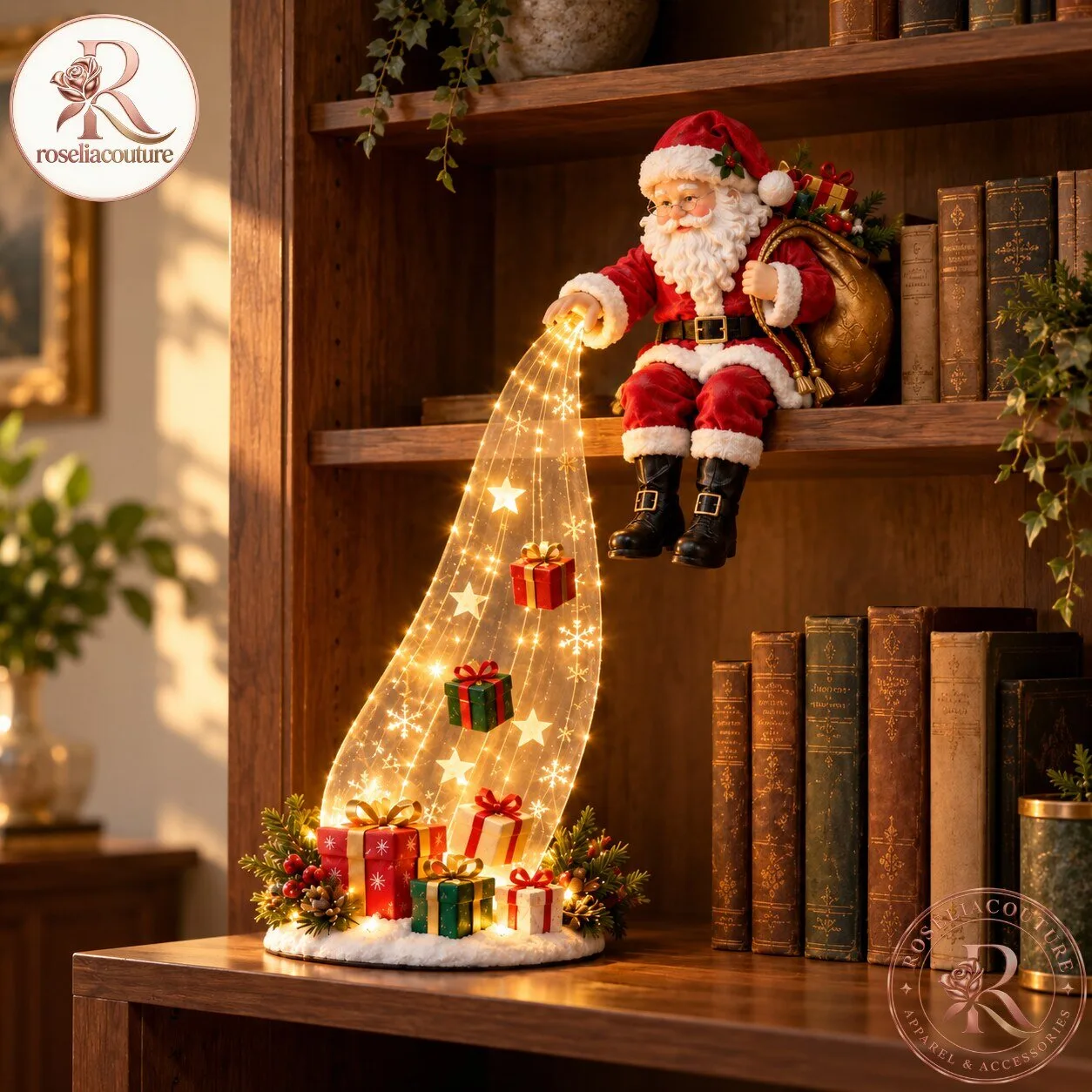 Nookora Santa Bookshelf Christmas Decor with Cascading Lights