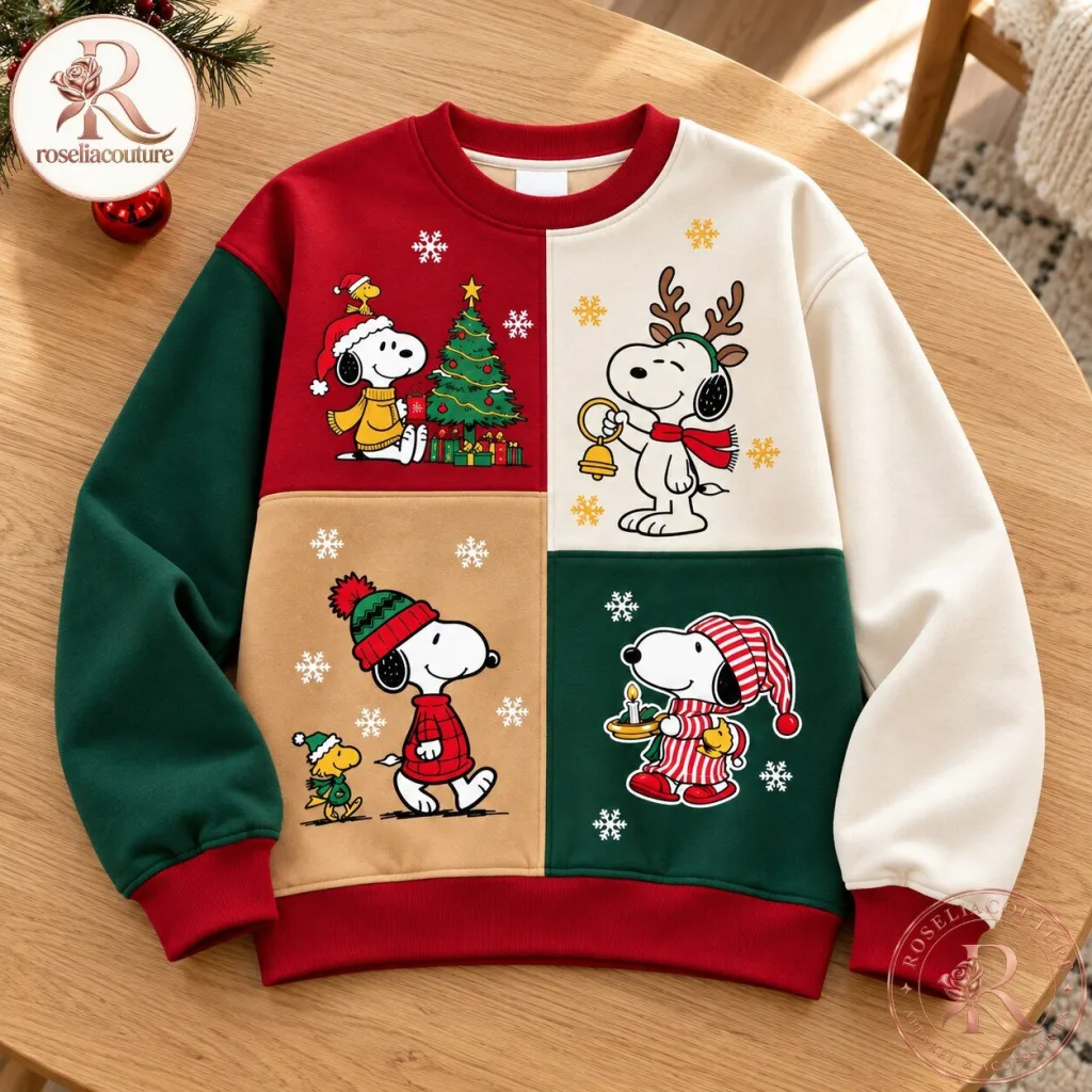 "Festive Snoopy Sweater & Floral Converse Sneakers: Holiday Style Picks" 3 Red Green Snoopy Christmas Sweater