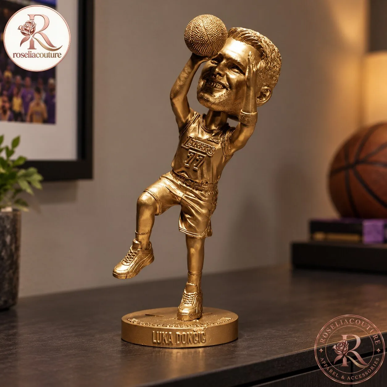Luka Doncic Lakers Gold Basketball Statue Number 77