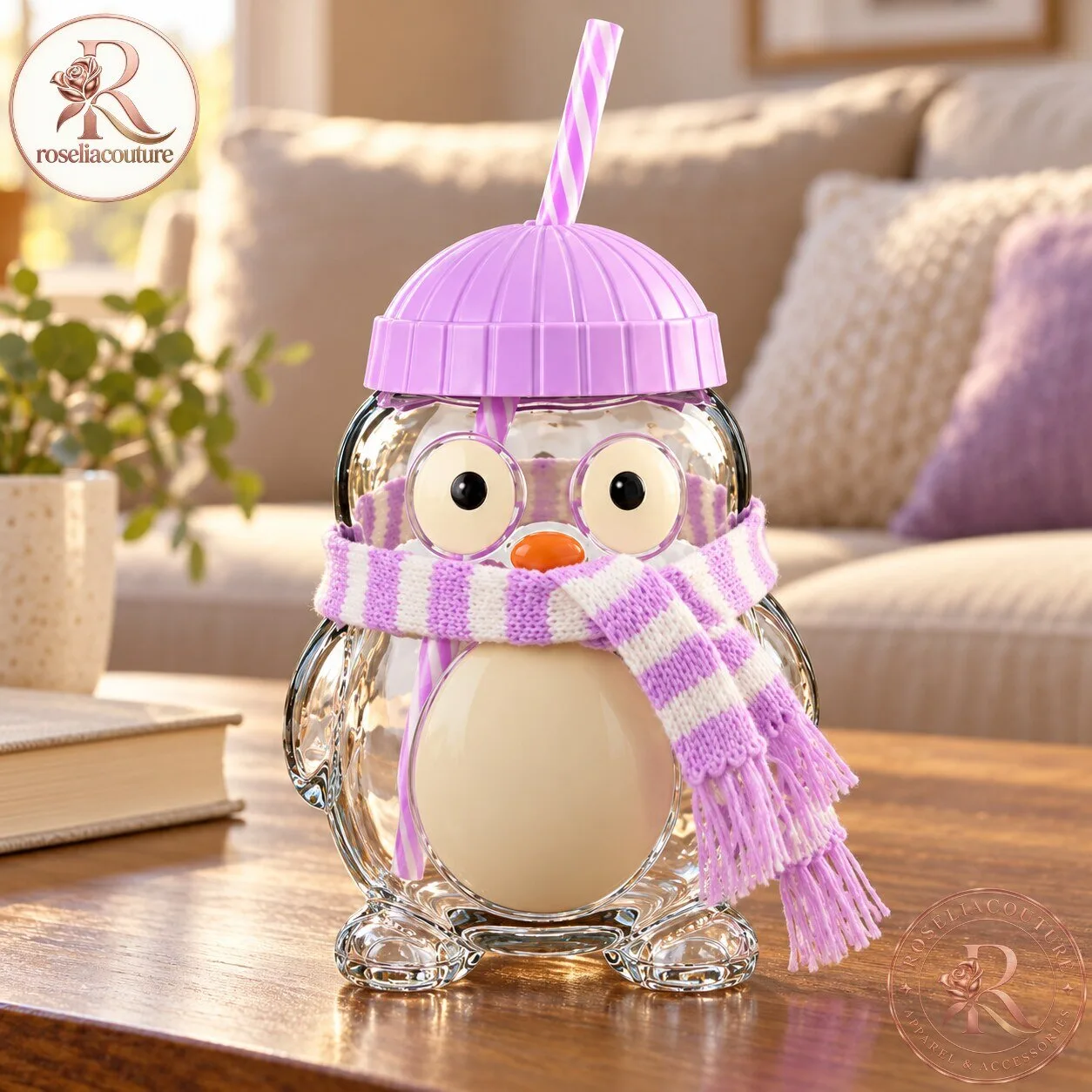 Owl Glass Drinking Cup with Purple Hat Lid