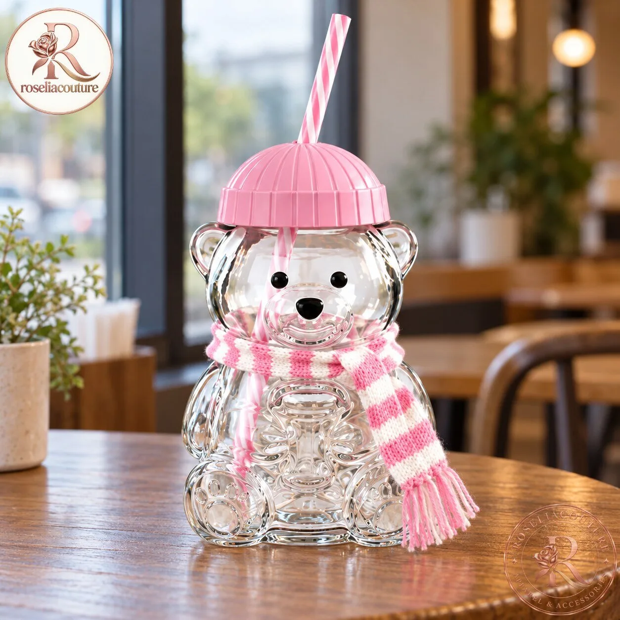 Cute Teddy Bear Glass Cup with Pink Striped Scarf
