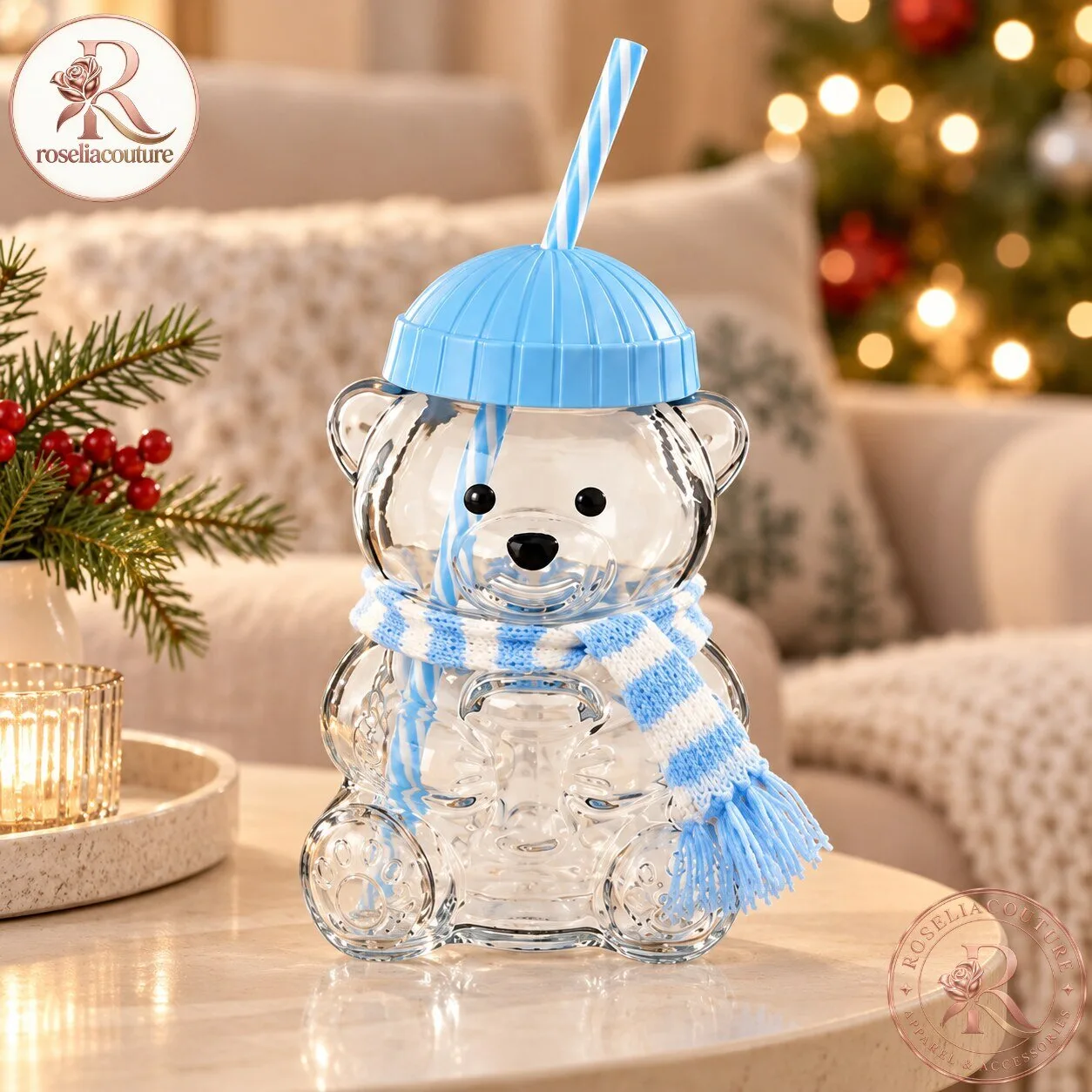 Cute Teddy Bear Glass Cup with Blue Striped Scarf