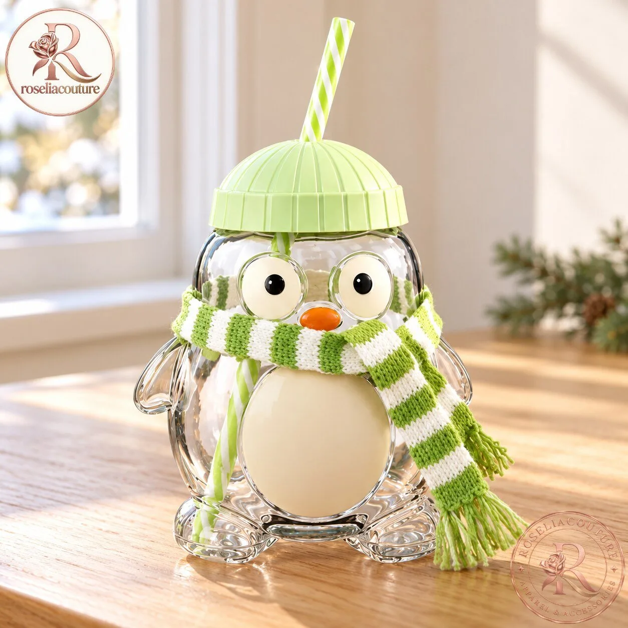 Owl Glass Drinking Cup with Green Hat Lid 6 Owl Glass Drinking Cup with Green Hat Lid