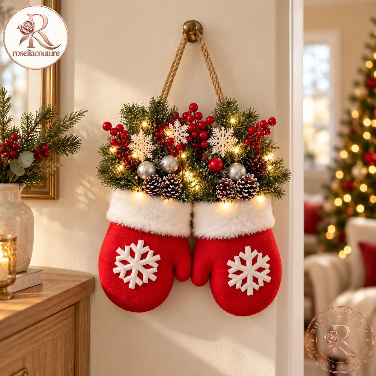 Twinkling Mitten Wreath for Christmas Door Decor