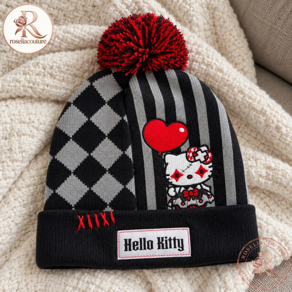 "Discover Exclusive Gothic Hello Kitty Apparel and Accessories Collection" 19 Hello Kitty Hello Black Parade Unisex Knit Beanie