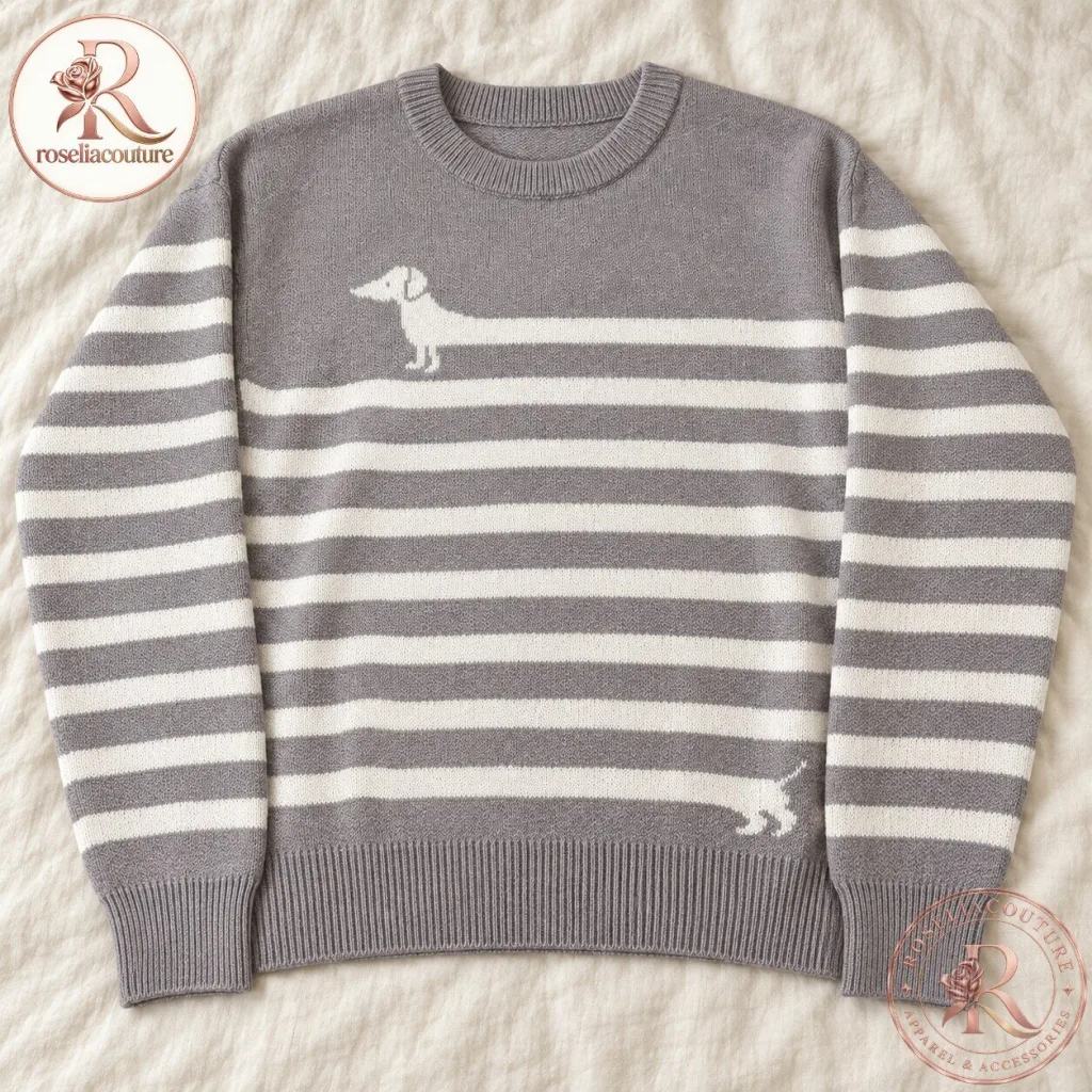 "Cozy Dachshund Striped Knit Sweater: Stylish Gray and White Crewneck" 20 Dachshund Striped Knit Sweater Gray and White Crewneck