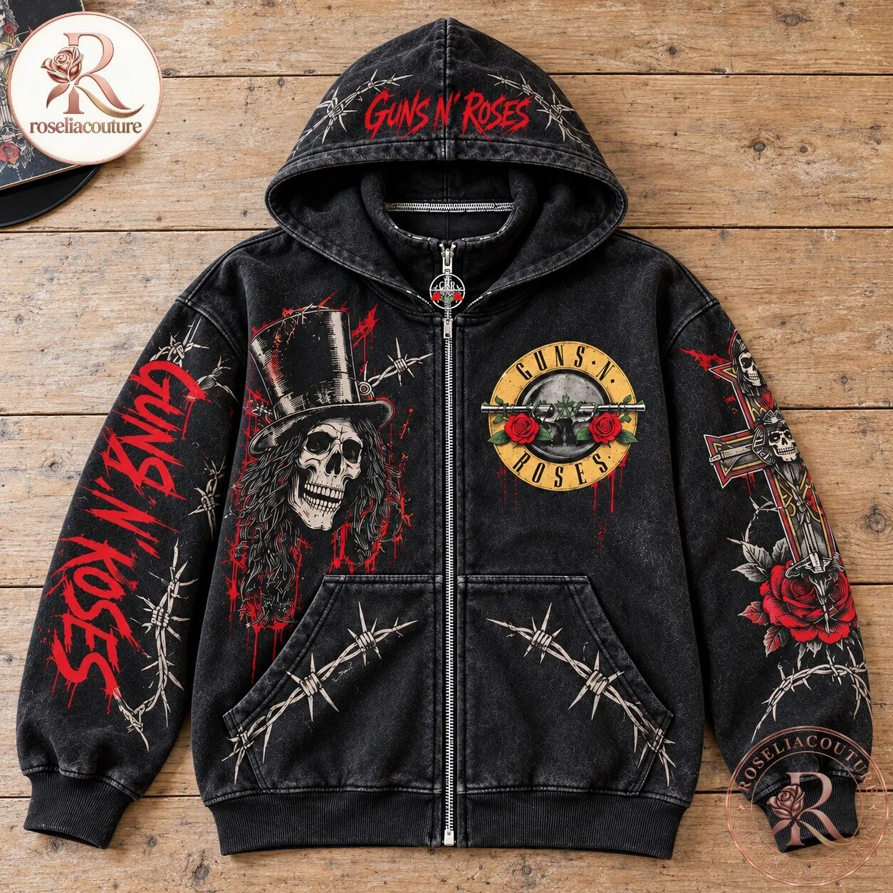 Guns N Roses Black Skull and Roses Full Zip Hoodie