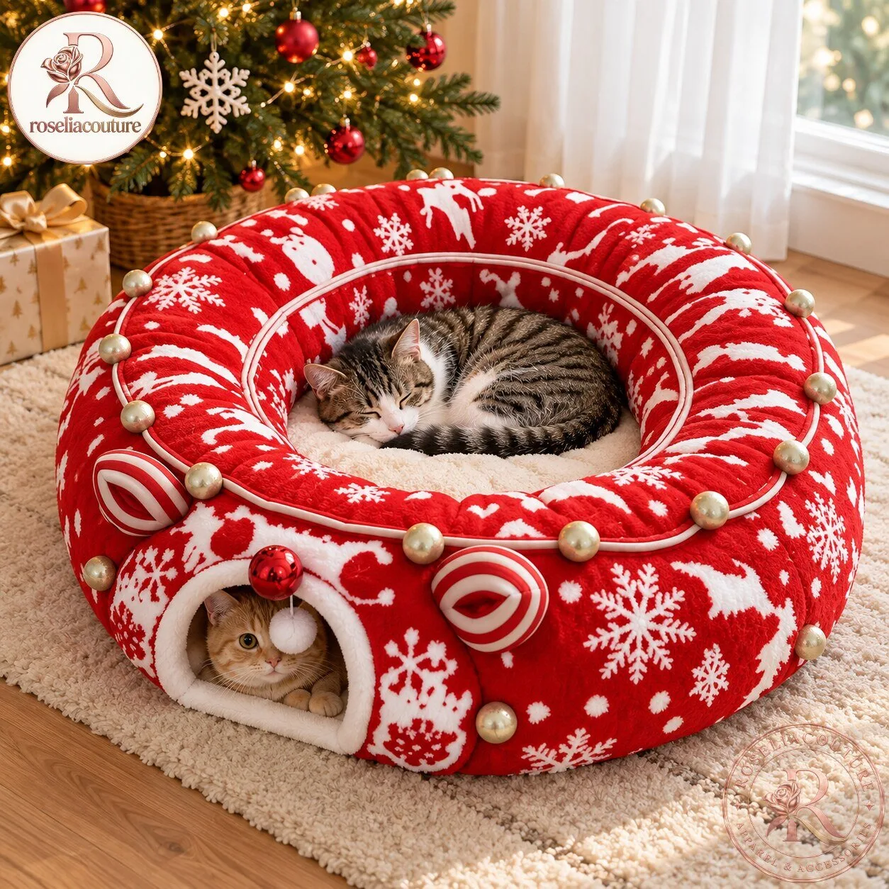 Christmas Cat Tunnel Bed in Snowflake Red 4 Christmas Cat Tunnel Bed in Snowflake Red