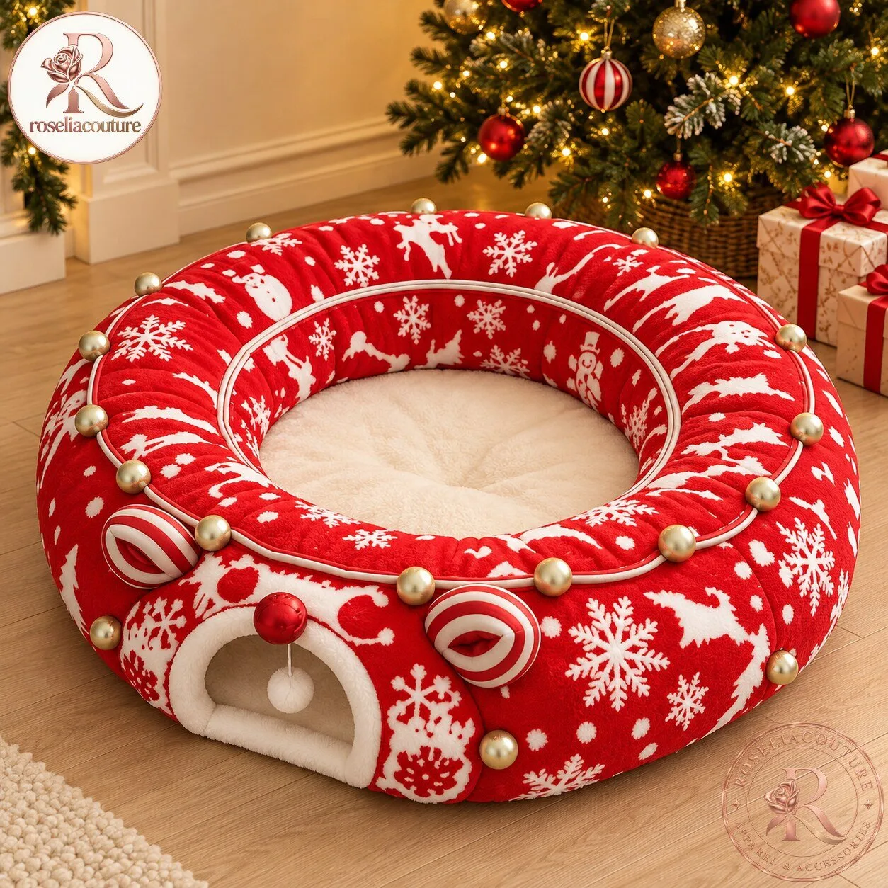 Christmas Cat Tunnel Bed in Snowflake Red 5 Christmas Cat Tunnel Bed in Snowflake Red