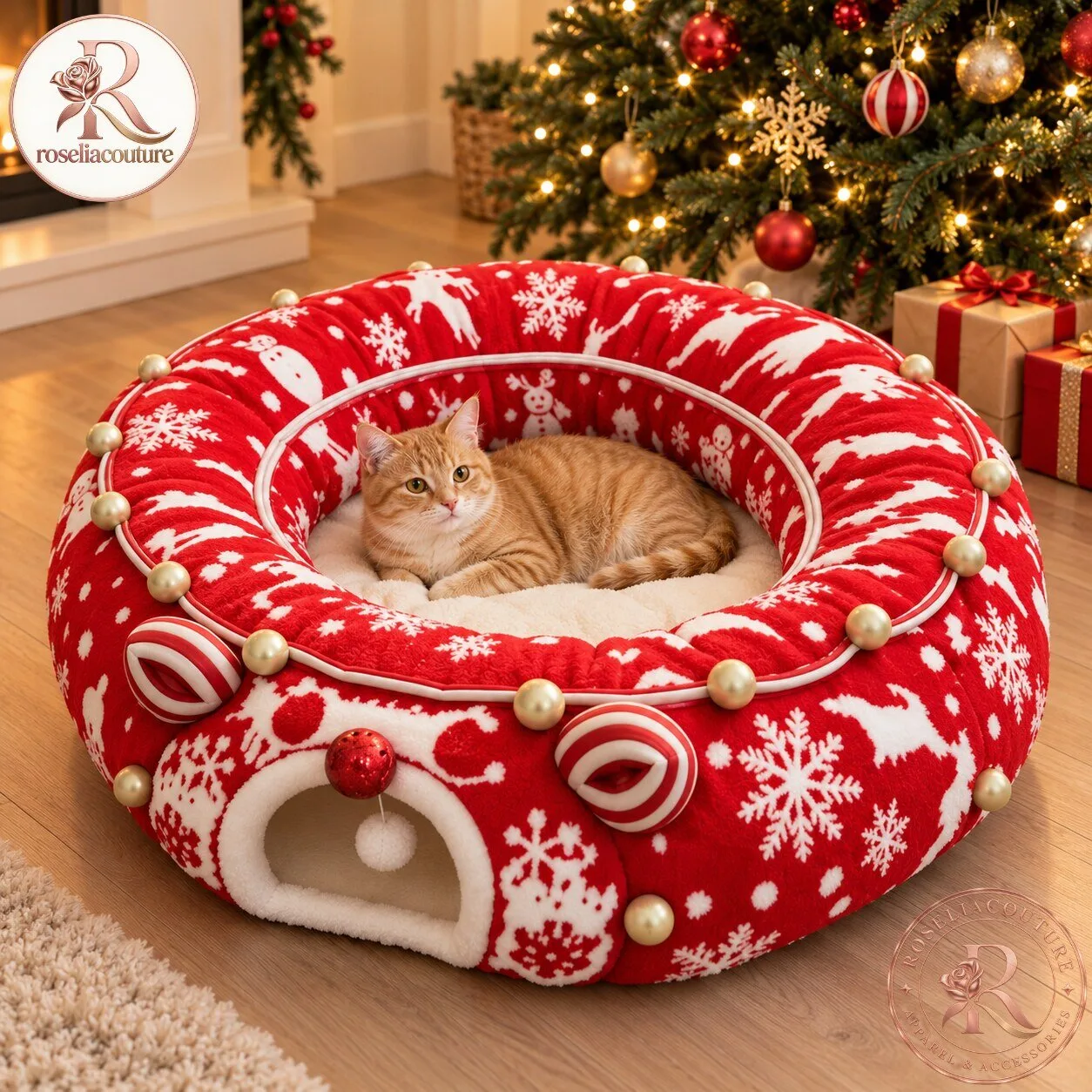 Christmas Cat Tunnel Bed in Snowflake Red 6 Christmas Cat Tunnel Bed in Snowflake Red