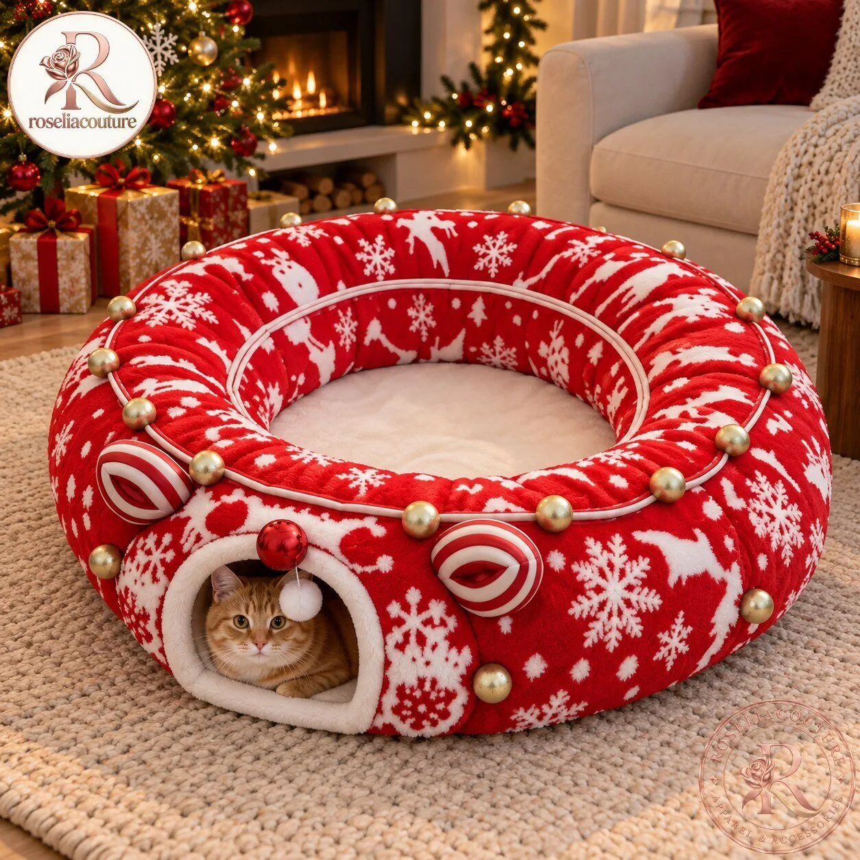 Christmas Cat Tunnel Bed in Snowflake Red 7 Christmas Cat Tunnel Bed in Snowflake Red