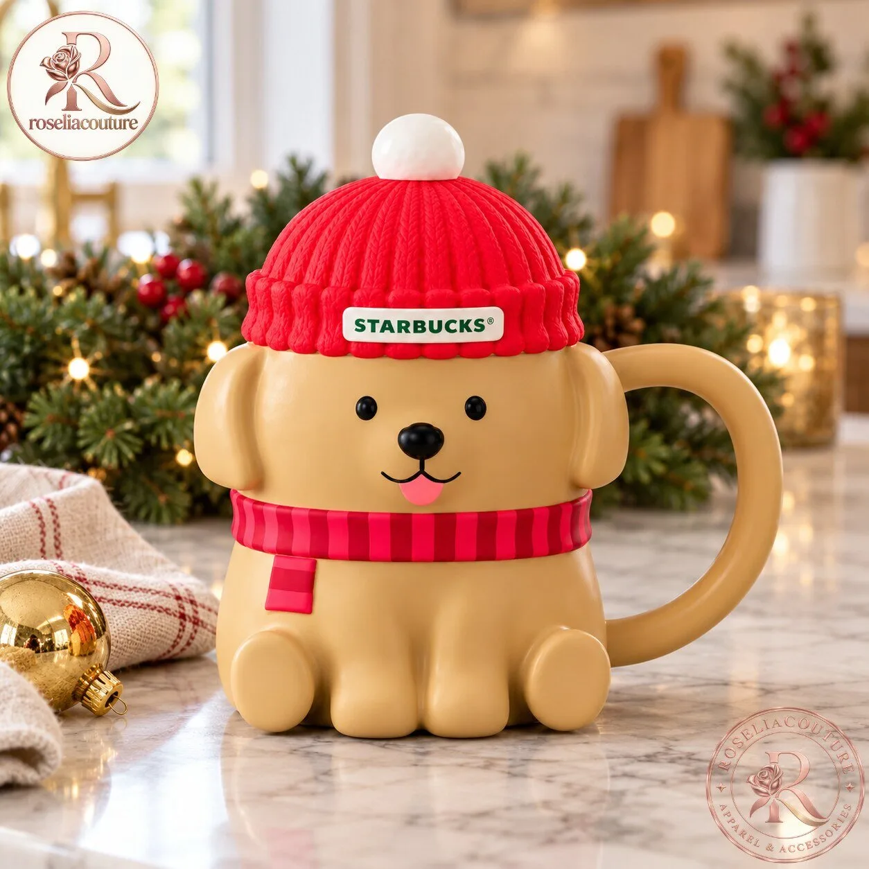 Starbucks Christmas Puppy Mug with Red Beanie Lid 5 Starbucks Christmas Puppy Mug with Red Beanie Lid